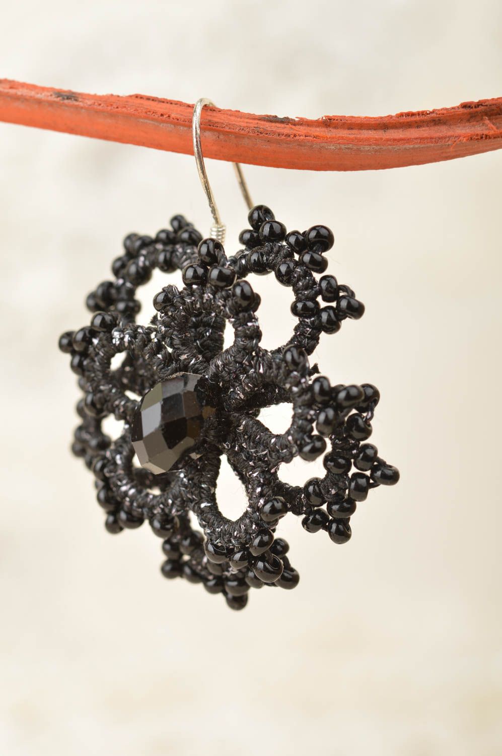 Handmade black woven lace earrings made of satin threads and beads tatting photo 3
