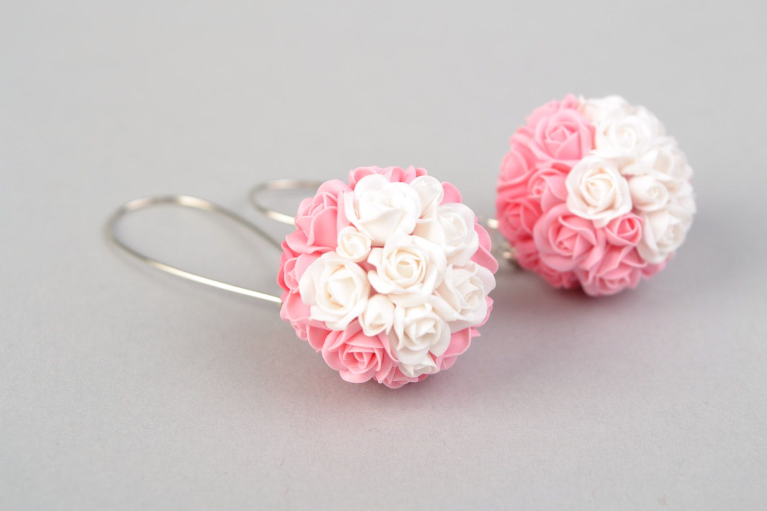 Handmade long delicate earrings made of polymer clay in the form of bouquets of roses photo 4