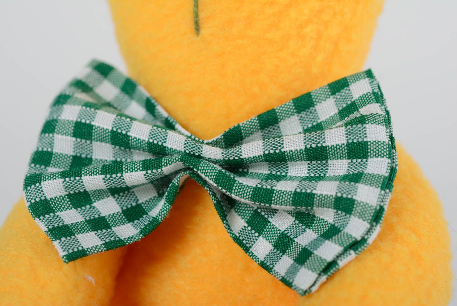 Handmade cotton and fleece fabric soft toy yellow rabbit with green checkered bow photo 3