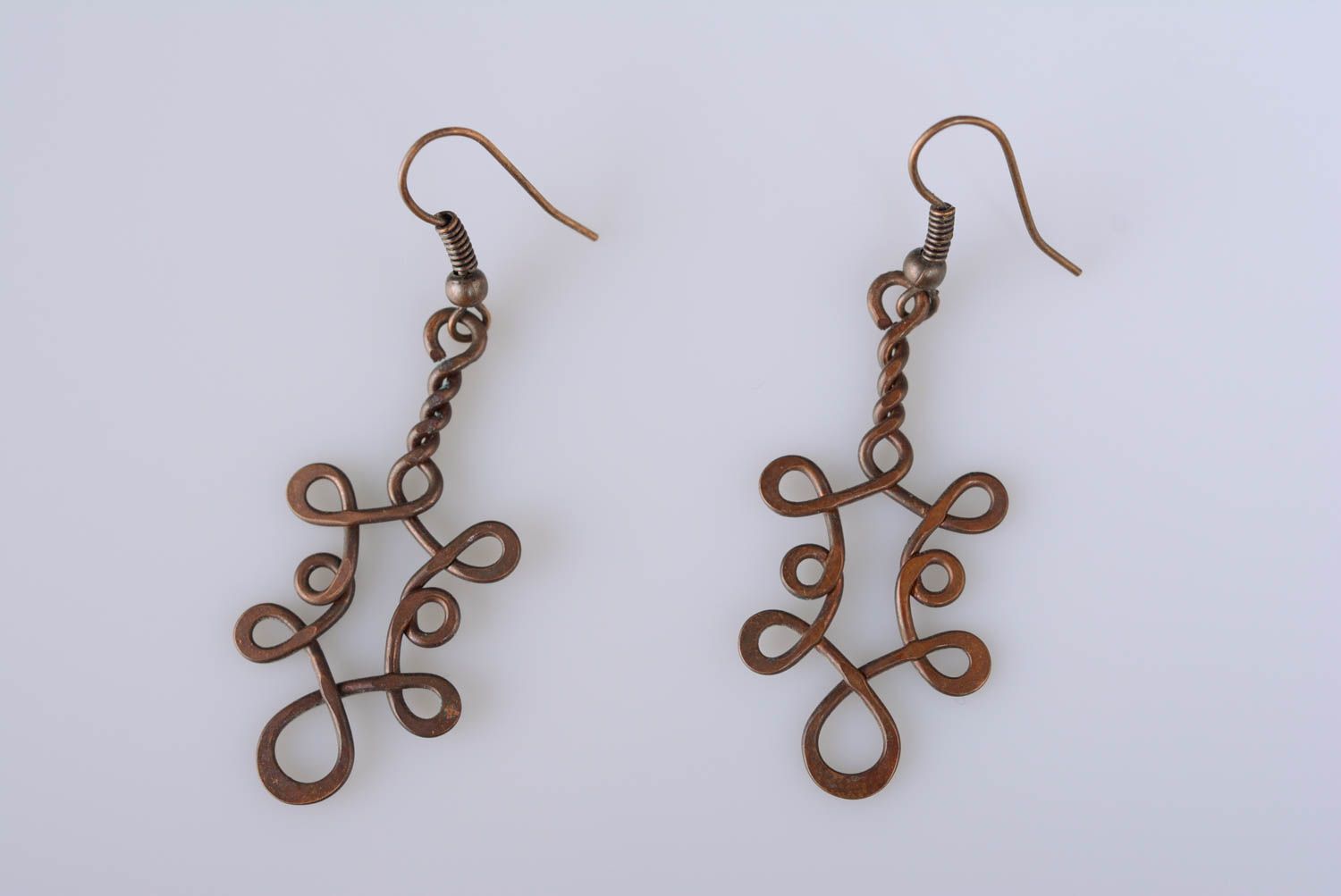 Designer copper earrings twisted using wire wrap technique handmade accessory photo 4