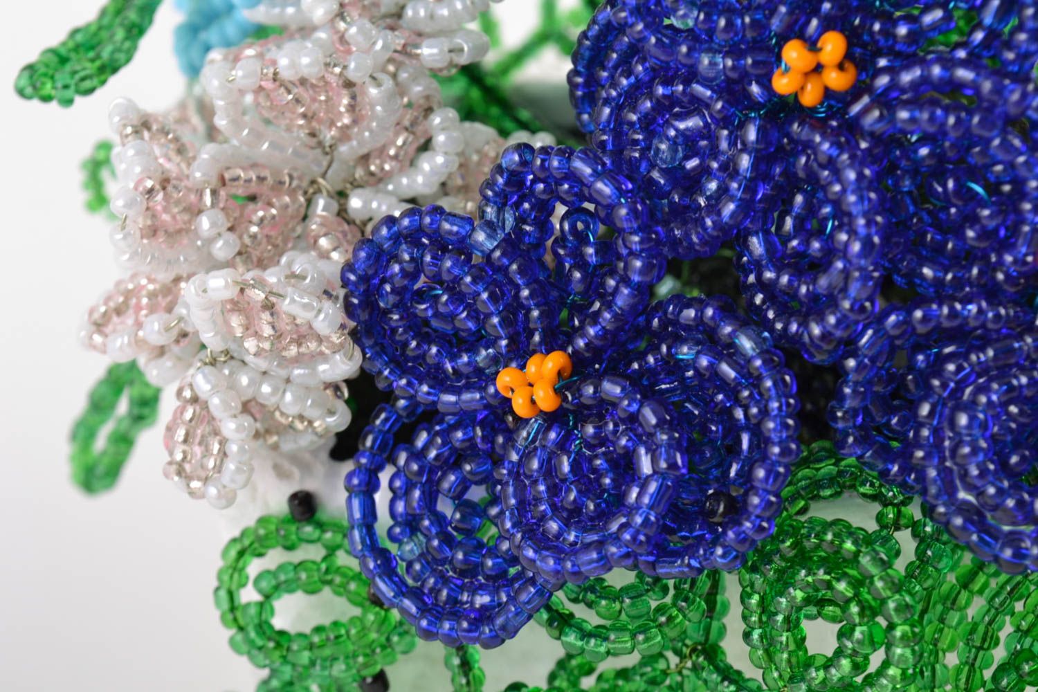 Handmade decorative volume bouquet of colorful bright beaded flowers with stand photo 2