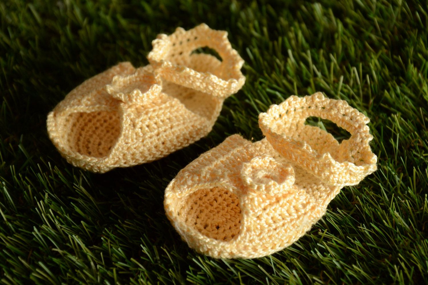 Handmade baby sandals crocheted of cotton threads of yellow color for little girl photo 1