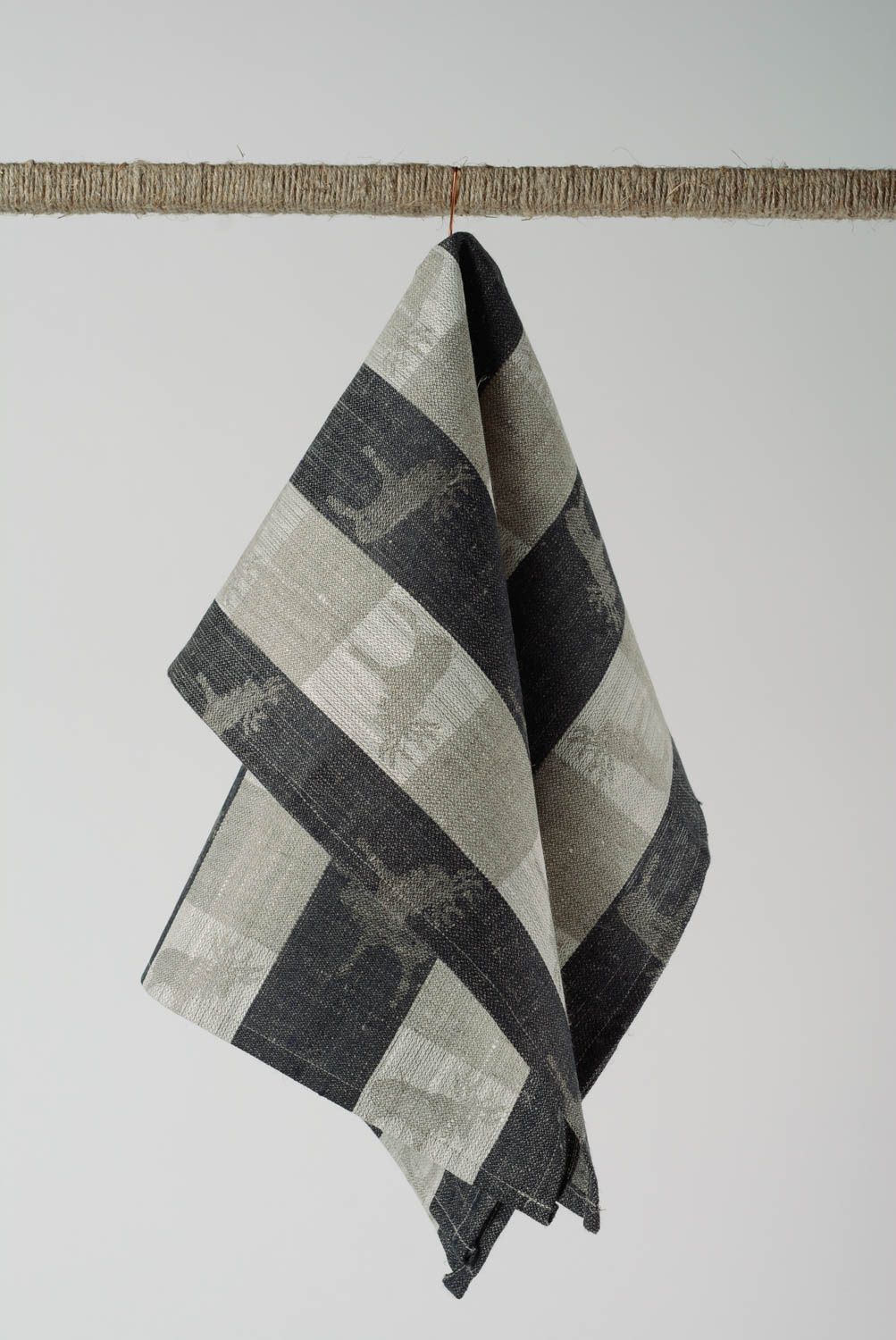Handmade kitchen towel sewn of gray and black checkered linen fabric with elks photo 1