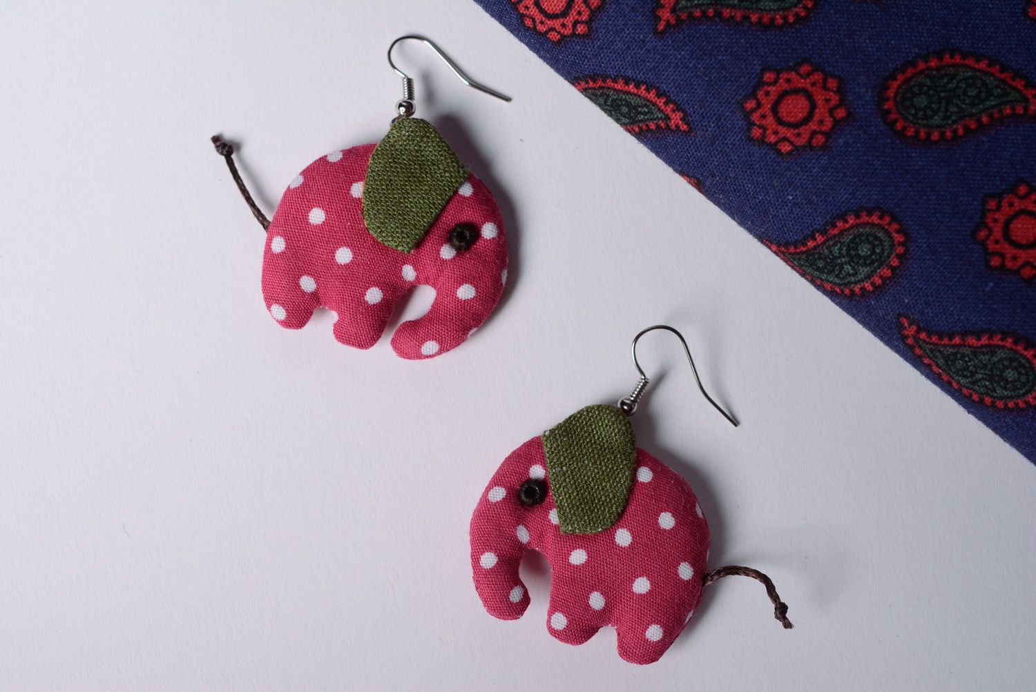 Handmade textile linen and cotton earrings in the shape of elephants photo 1