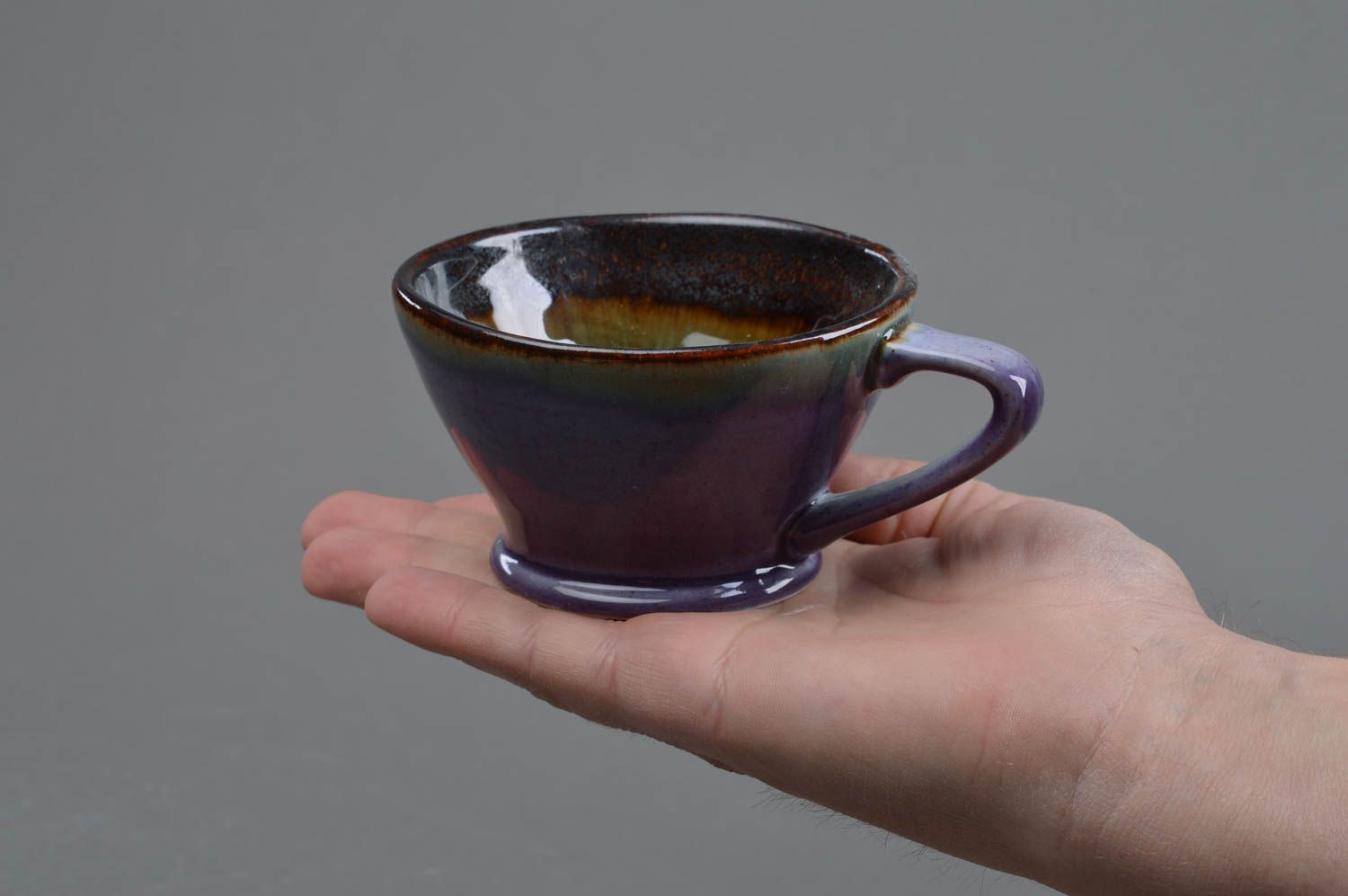 Porcelain ceramic cup for coffee with handle in blue and brown color photo 4
