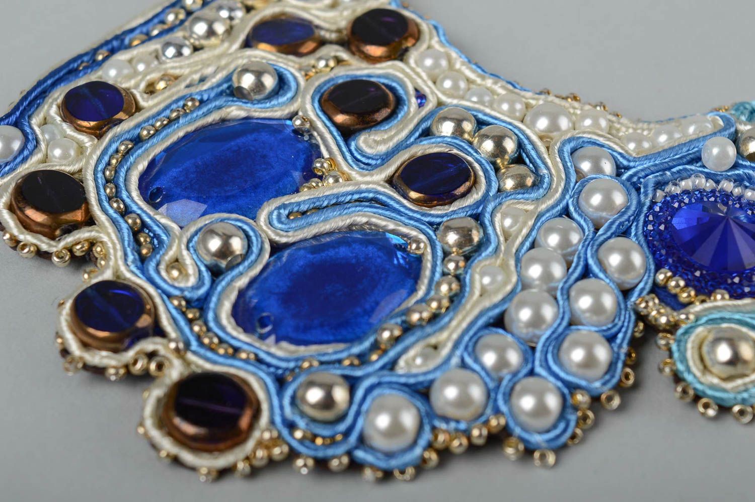 Колье сутажная вышивка хэнд мэйд вышитое ожерелье сутажное колье синее  фото 3