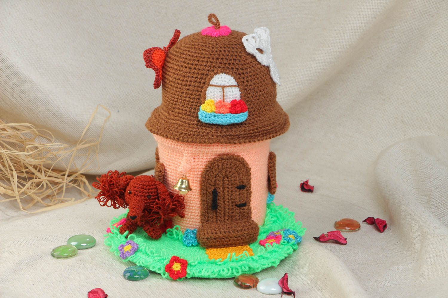 Handmade crocheted toy box in the form of small colorful house home decor photo 1