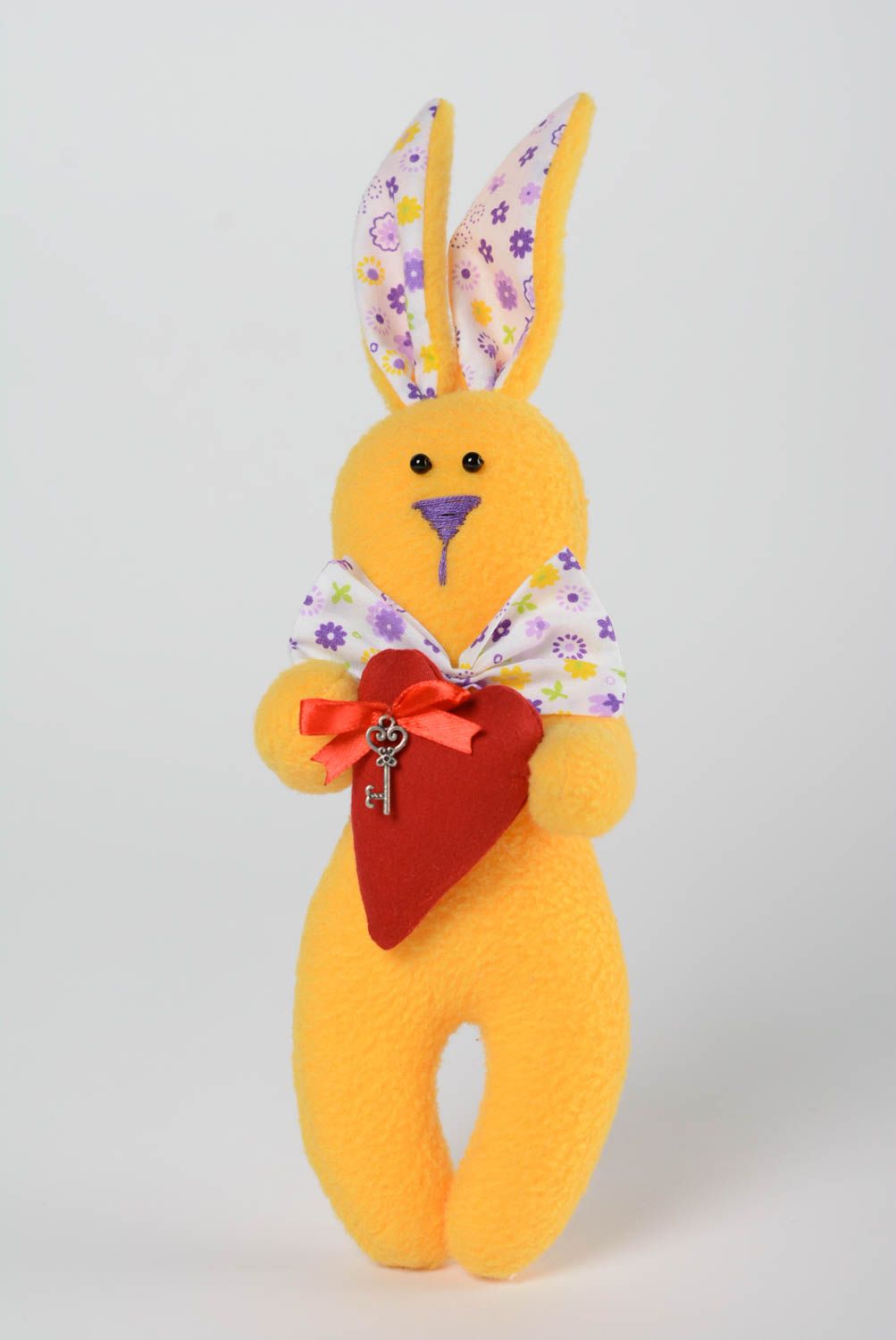 Handmade fleece soft toy bright yellow rabbit with bow tie and red soft heart photo 1