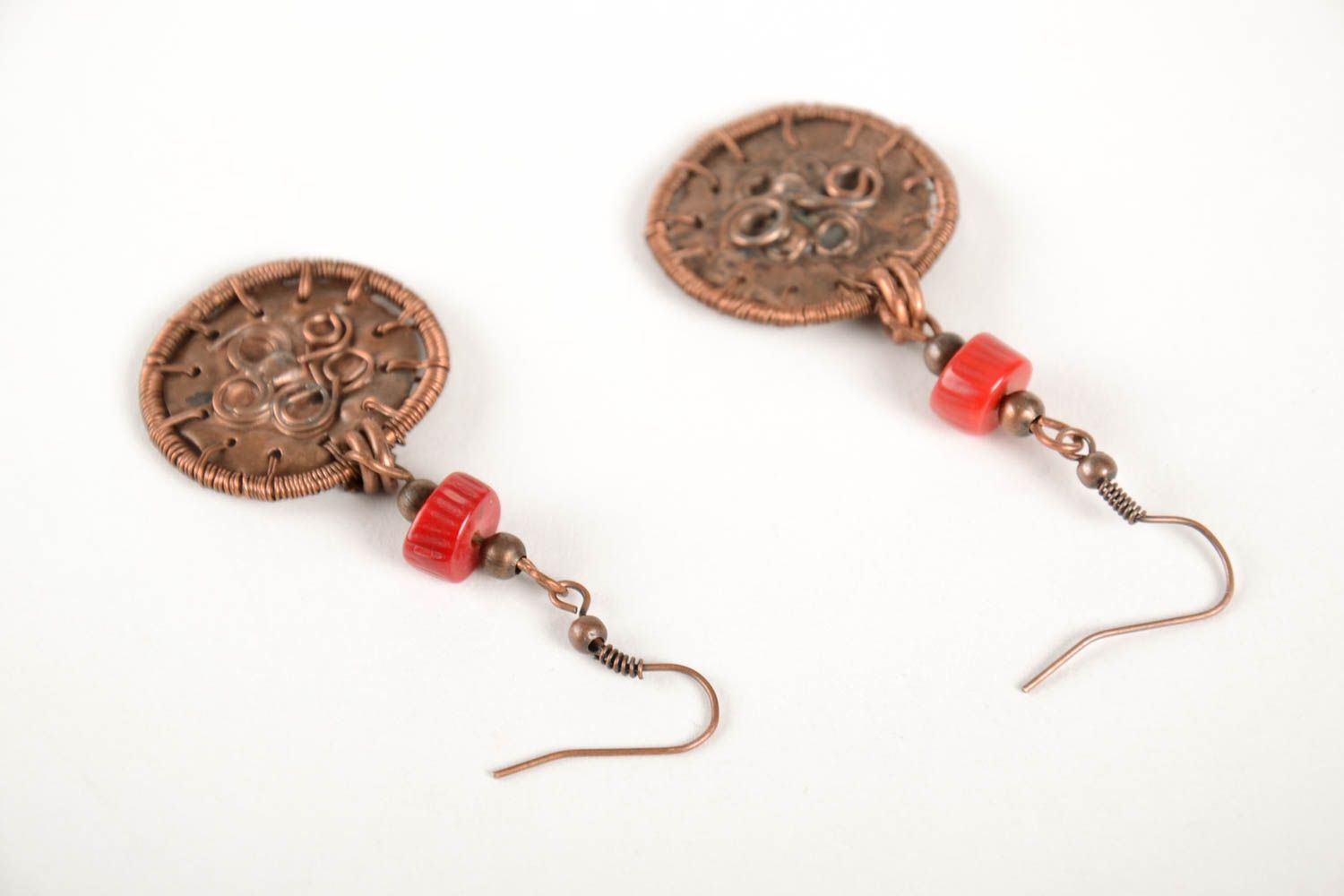 Handmade designer earrings jewelry with coral unusual copper earrings photo 5
