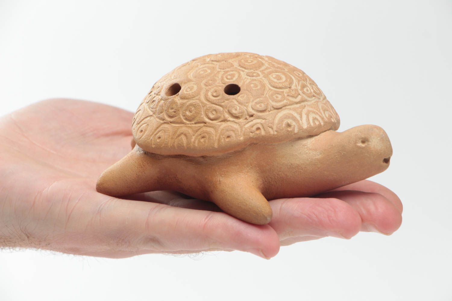 Small handmade designer beige clay ocarina ceramic penny whistle Turtle photo 5