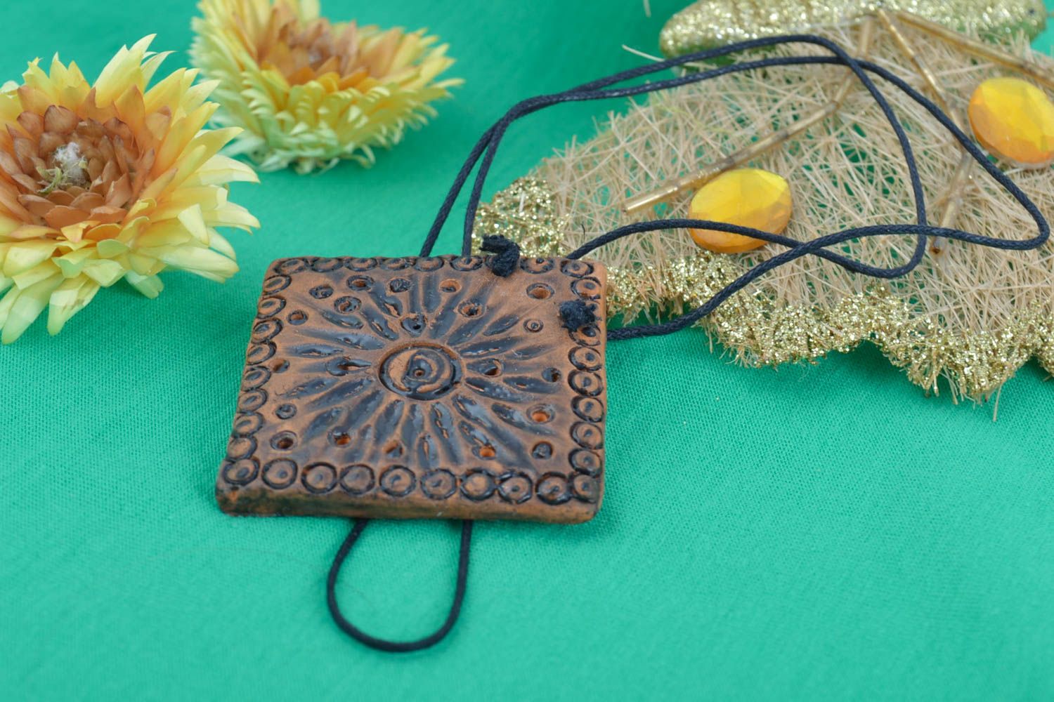 Handmade decorative red clay pendant with pattern for girls stylish accessory photo 1