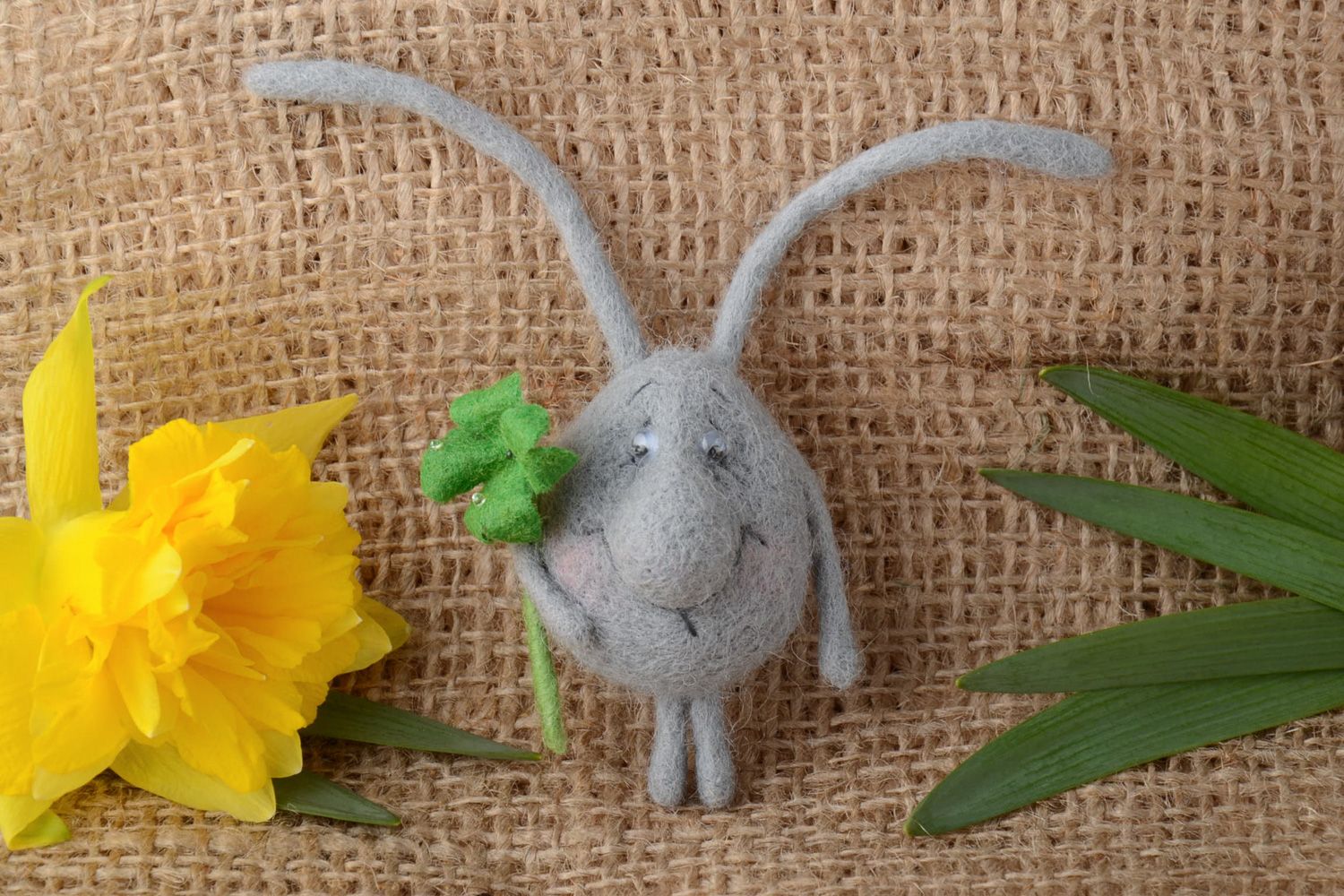 Handmade cute fridge magnet felted of natural wool gray creature with clover photo 1