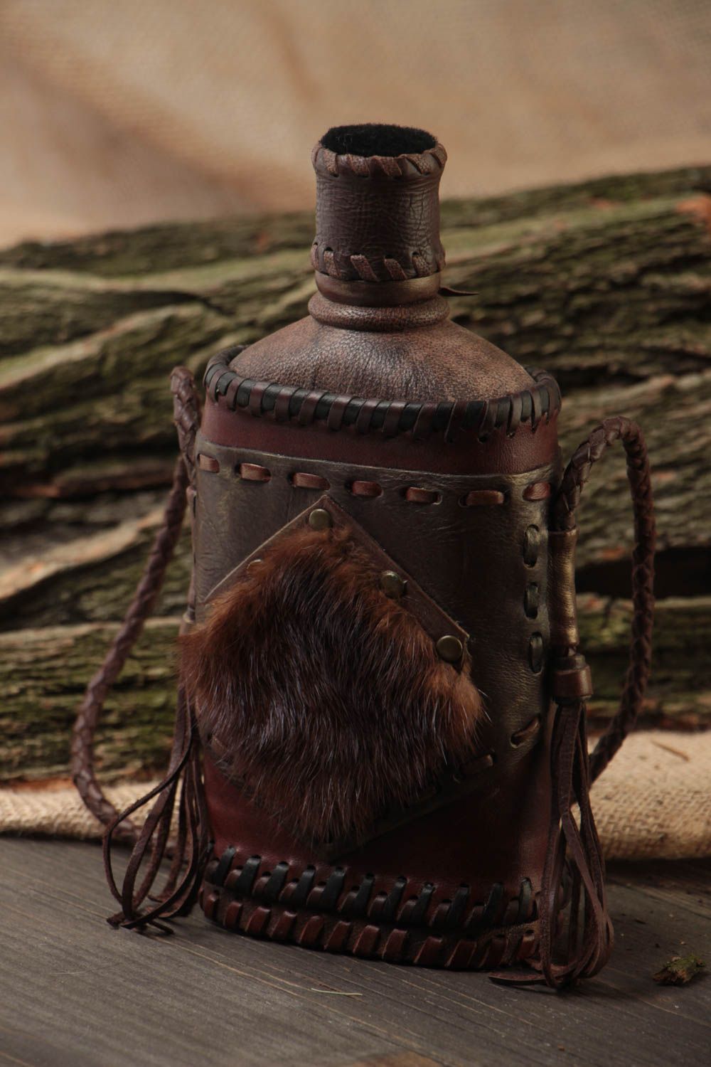 Handmade decorative designer leather covered flask decorated with metal and fur photo 1