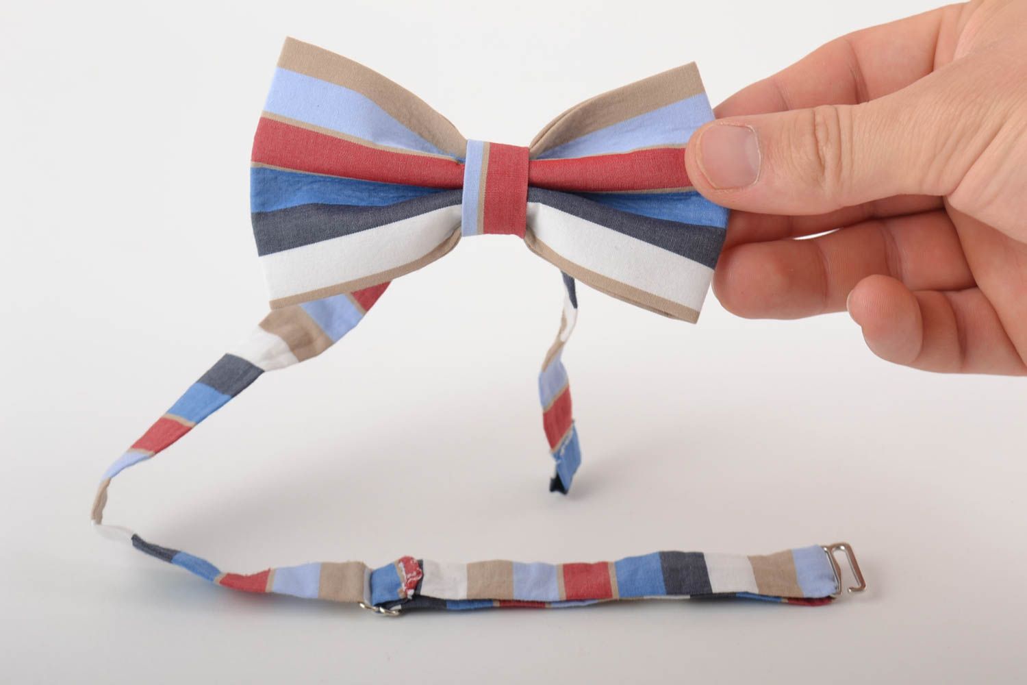 Unusual handmade striped cotton fabric bow tie unisex accessory photo 4