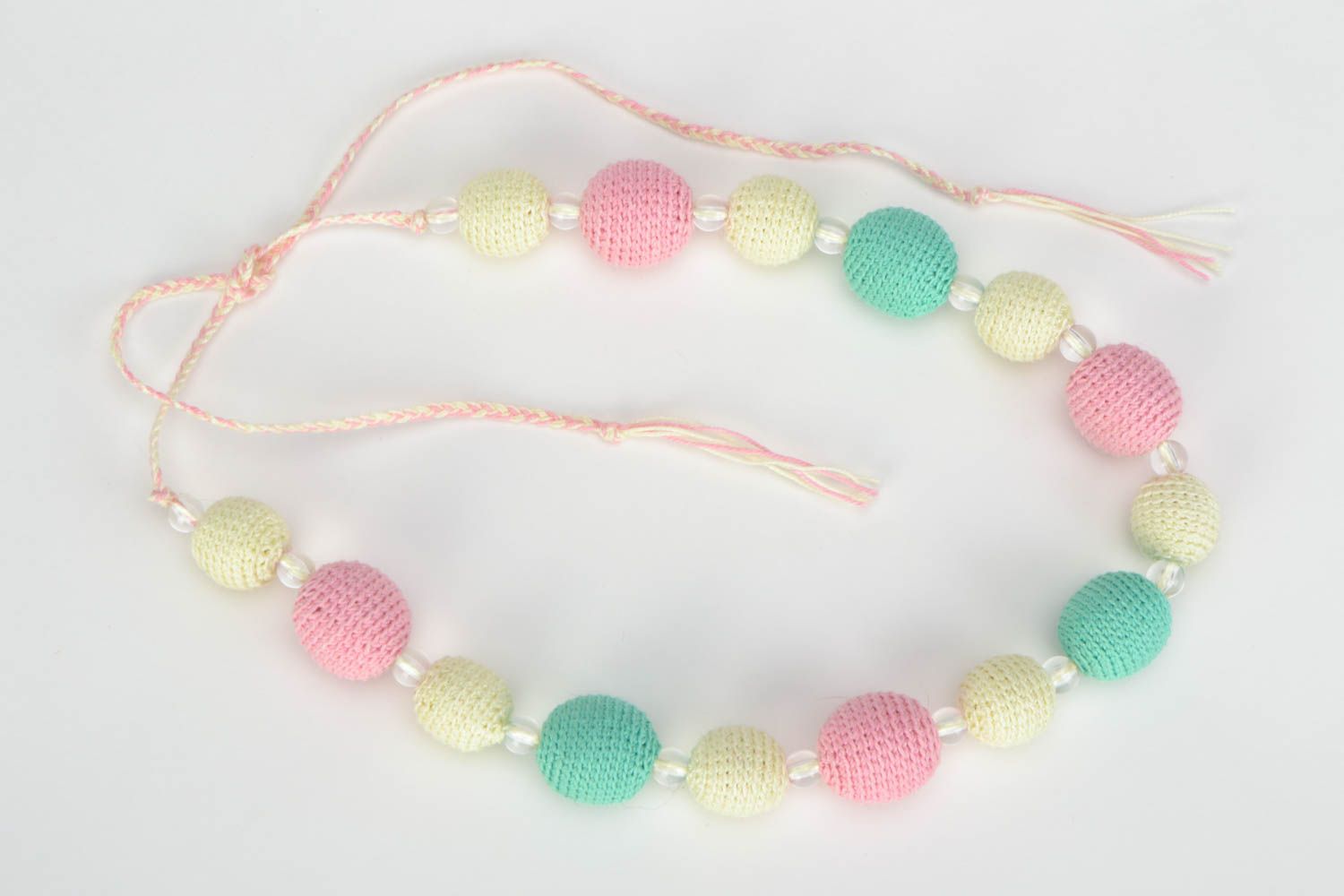 Gentle unusual handmade colorful crochet ball necklace with ties photo 2