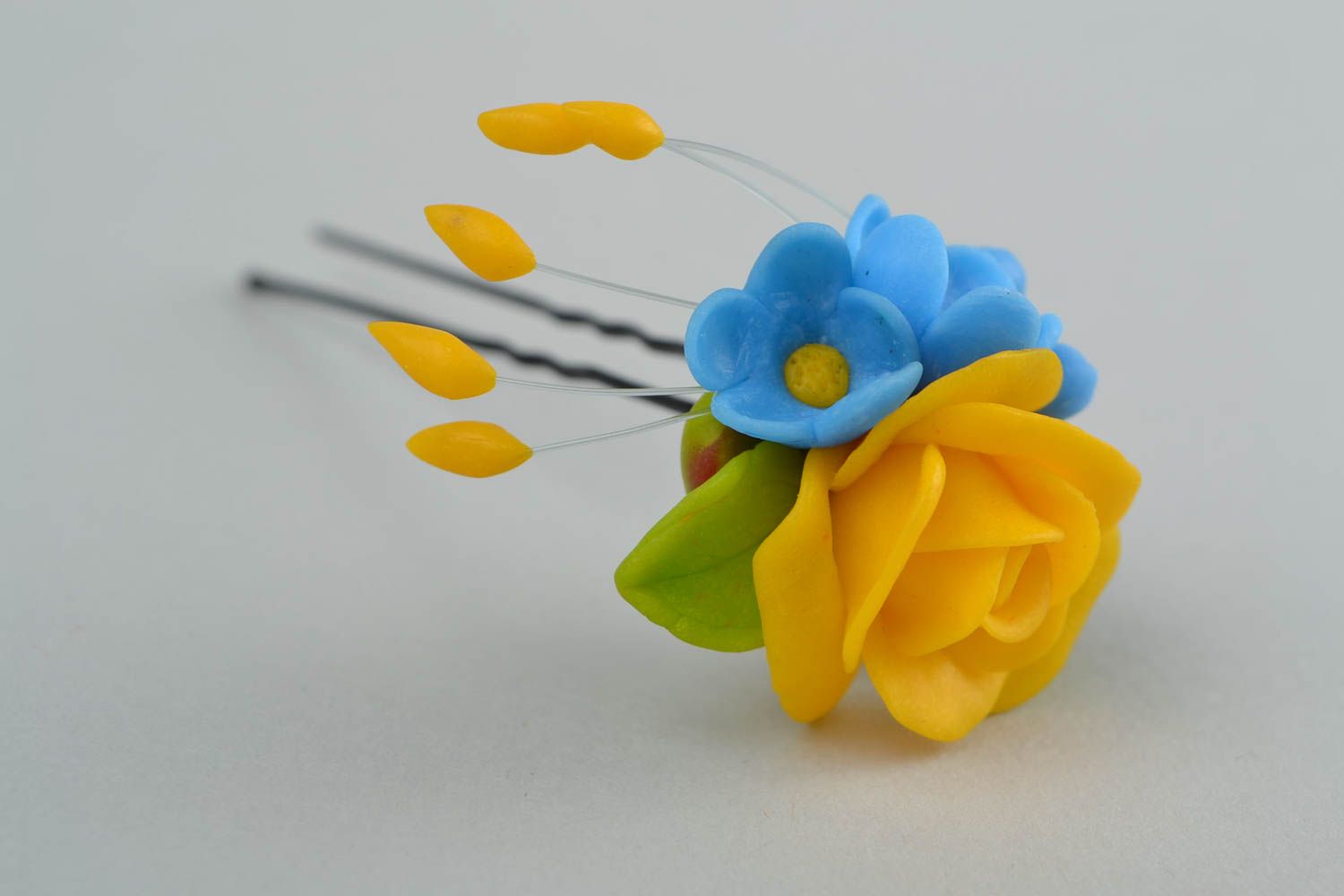 Little hairpin made of polymer clay yellow with blue handmade hair accessory photo 1