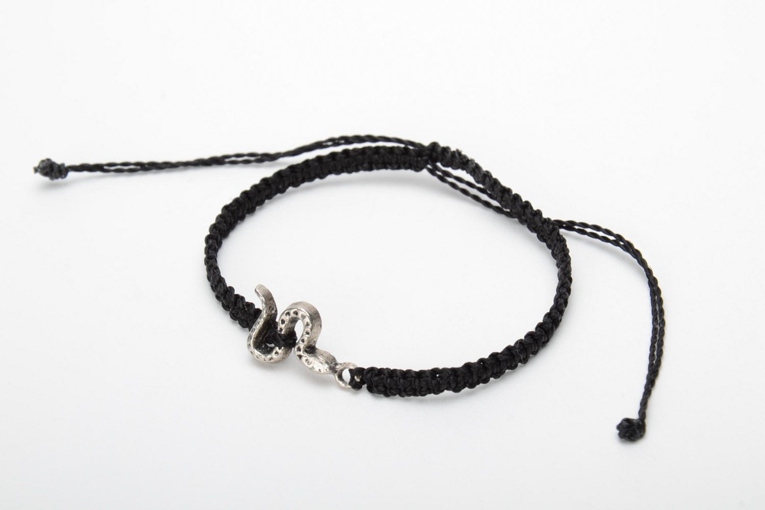 Handmade black macrame woven bracelet with metal snake charm for women photo 3