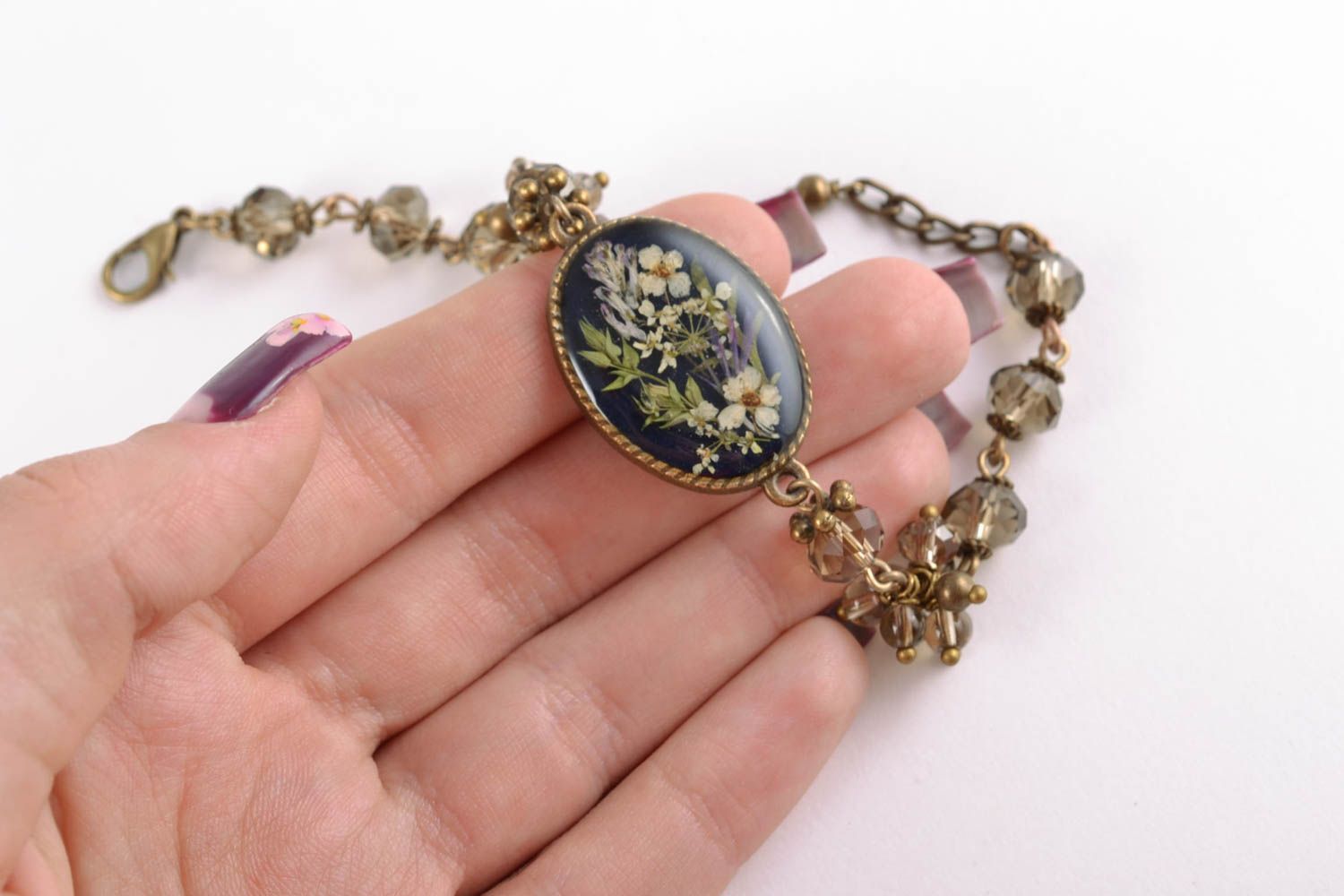 Women's bracelet with natural flowers in epoxy resin photo 1