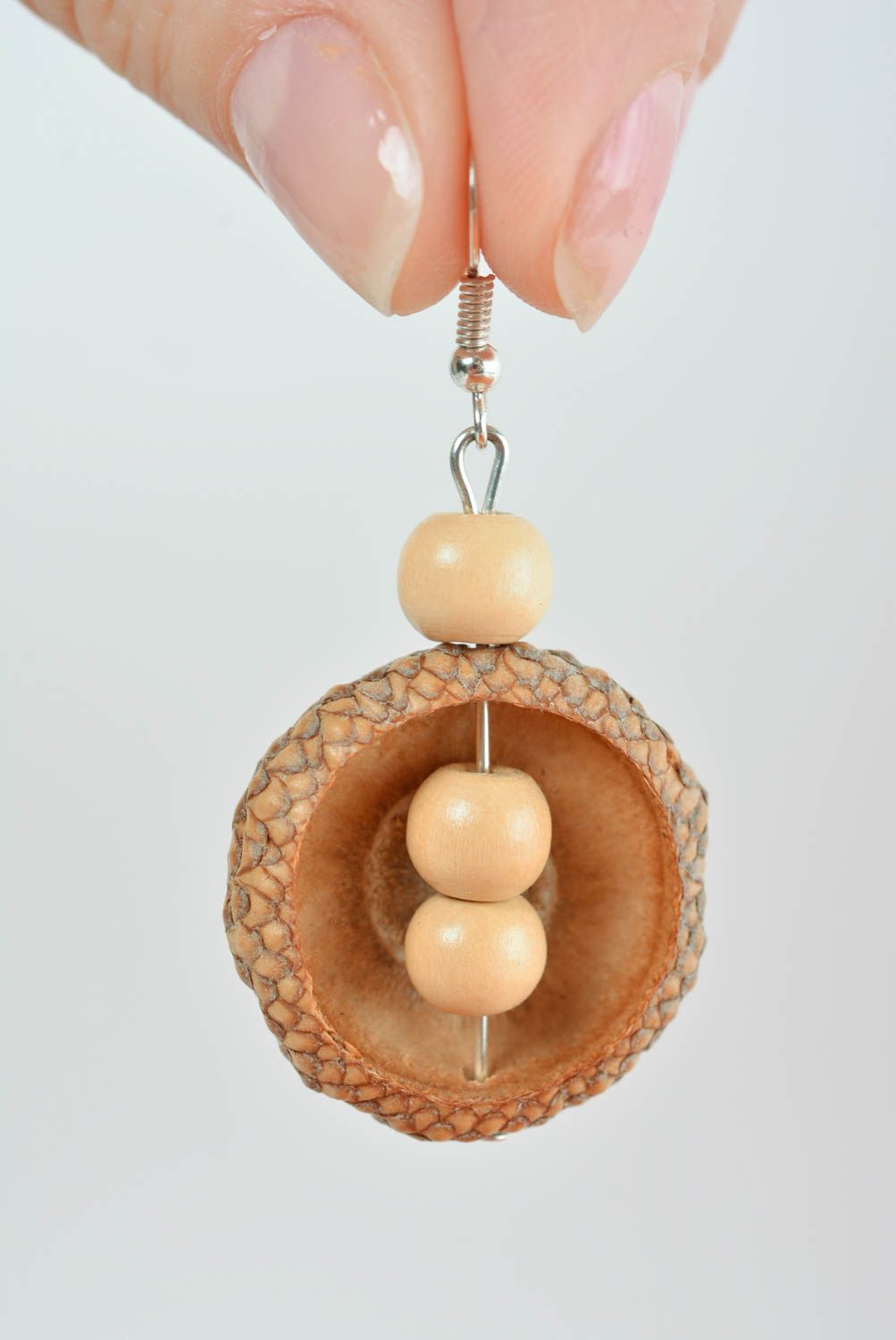 Earrings with wooden beads and acorns handmade designer jewelry in eco-style photo 2