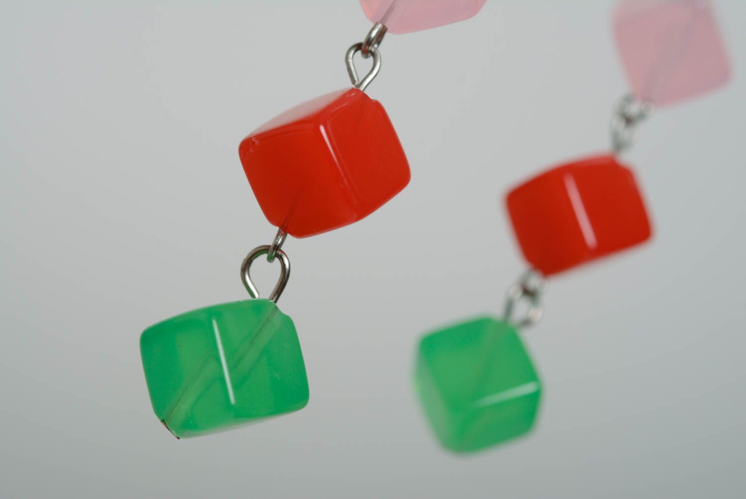 Handmade earrings with plastic beads green pink and red long designer accessory photo 3