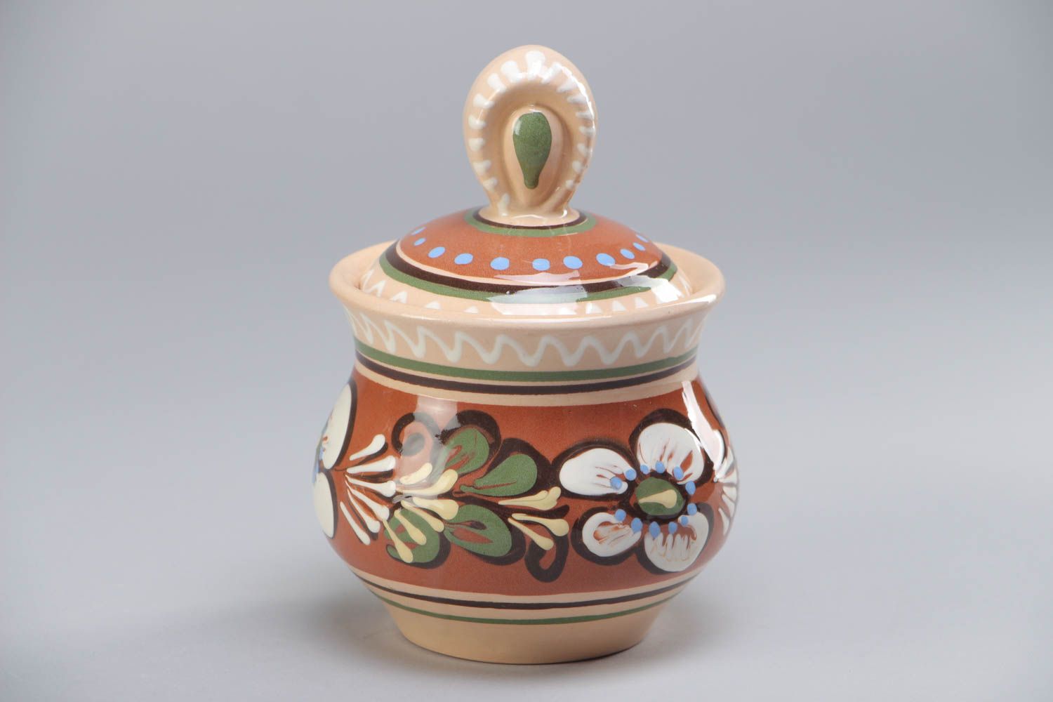 Handmade painted clay sugar bowl pot with lid 300 ml photo 2