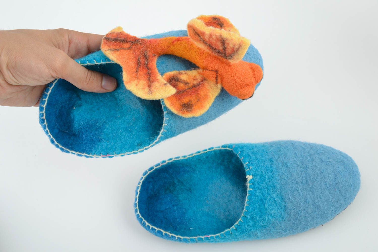 Blue handmade designer felted wool slippers with volume toy fish photo 4