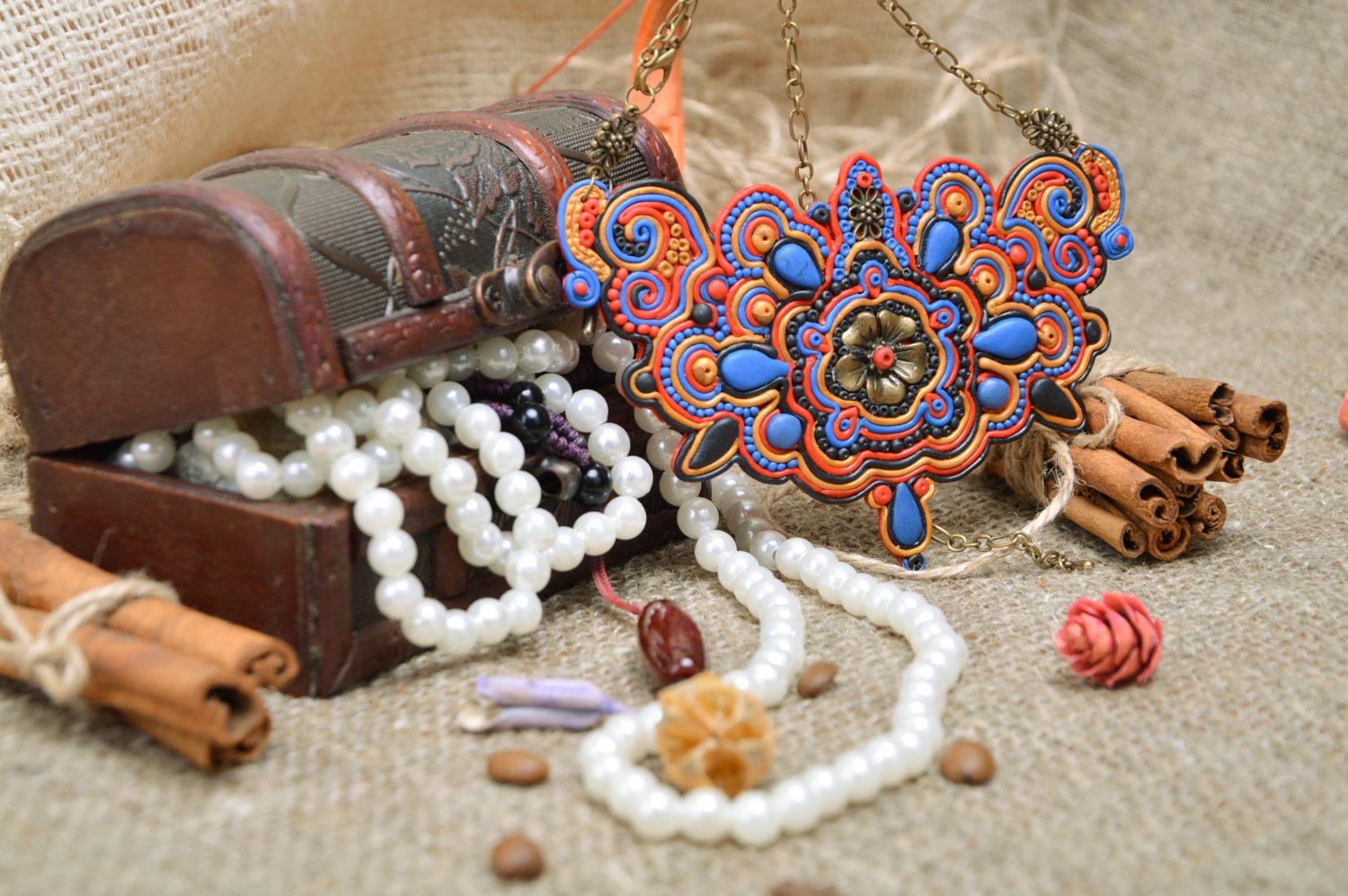 Handmade massive metal and polymer clay necklace with flower ornament in soutache style photo 1