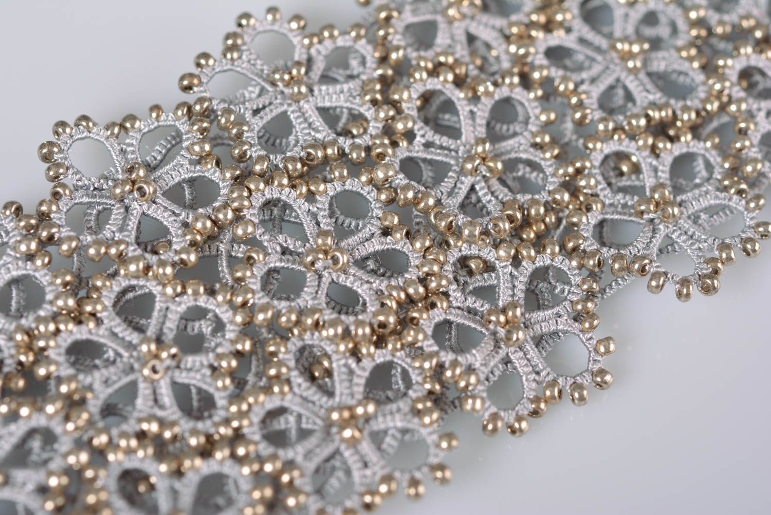 Gray and gold beads' knitted elegant bangle bracelet  photo 2
