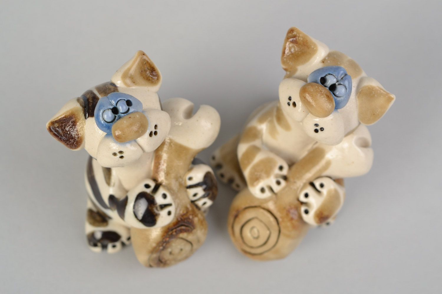 Set of handmade ceramic animal figurines cats 2 pieces of brown color cute statuettes photo 3