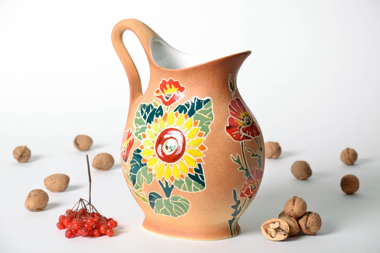 100 oz ceramic handmade water pitcher with handle and sunflower decoration 3,5 lb photo 1