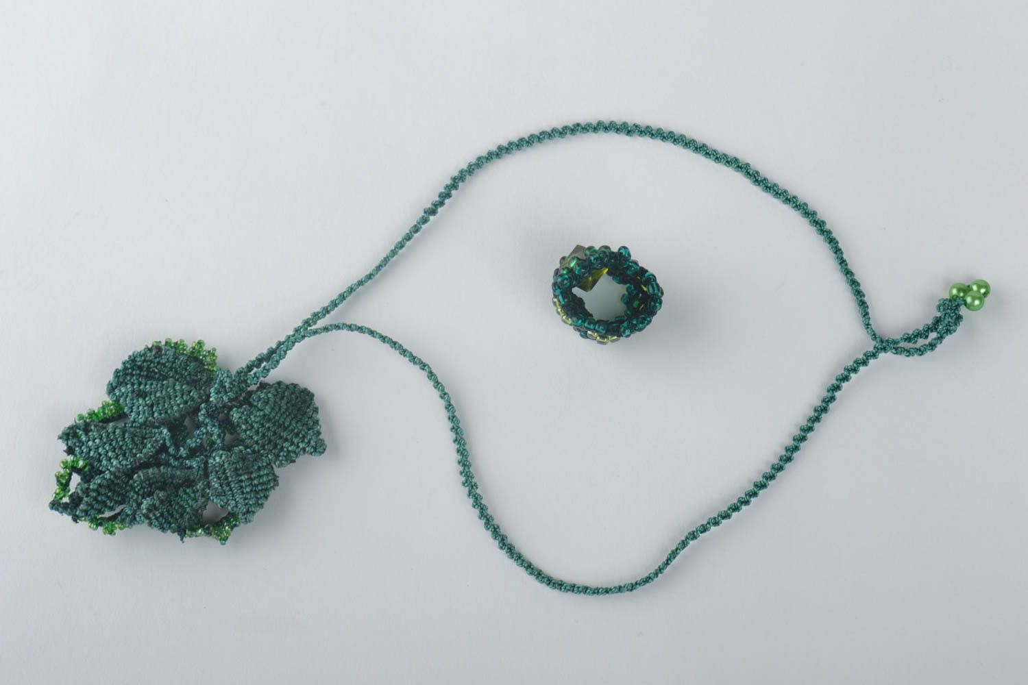 Textile jewelry set 2 pieces handmade beaded pendant woven bead ring gift ideas photo 3