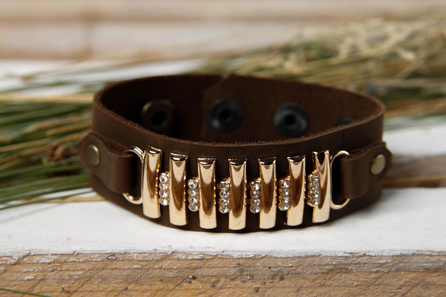 Bracelet en cuir Bijou fait main marron large métal Accessoire tendance photo 1