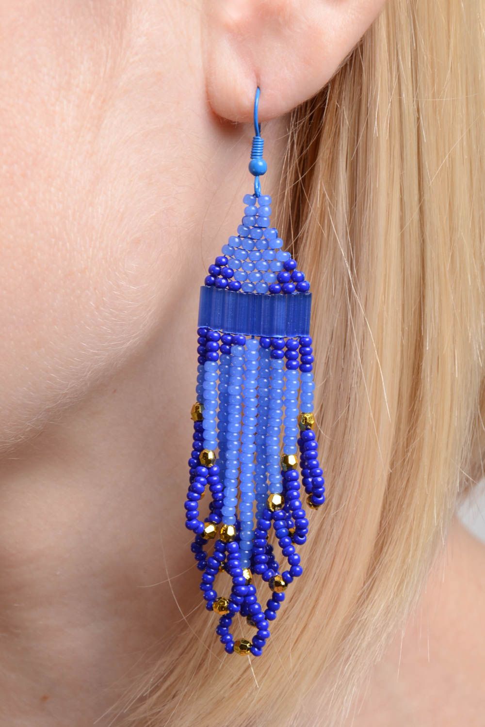Handmade female earrings beaded stylish accessory blue elegant earrings photo 2