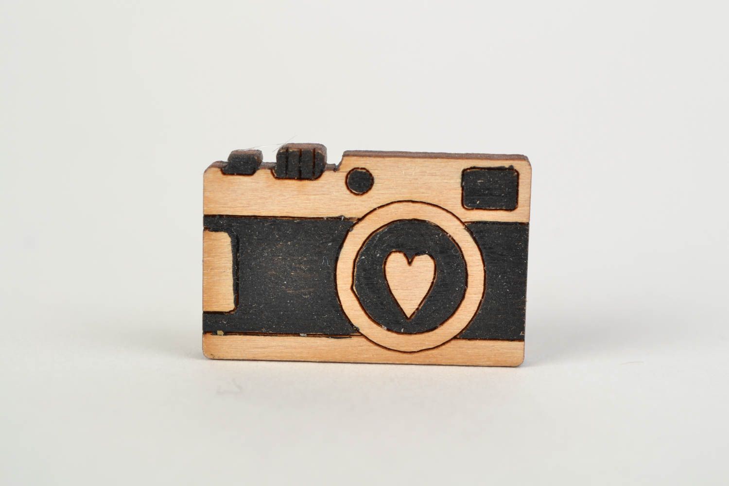 Handmade wooden brooch painted with acrylics Photo Camera present for girl photo 1
