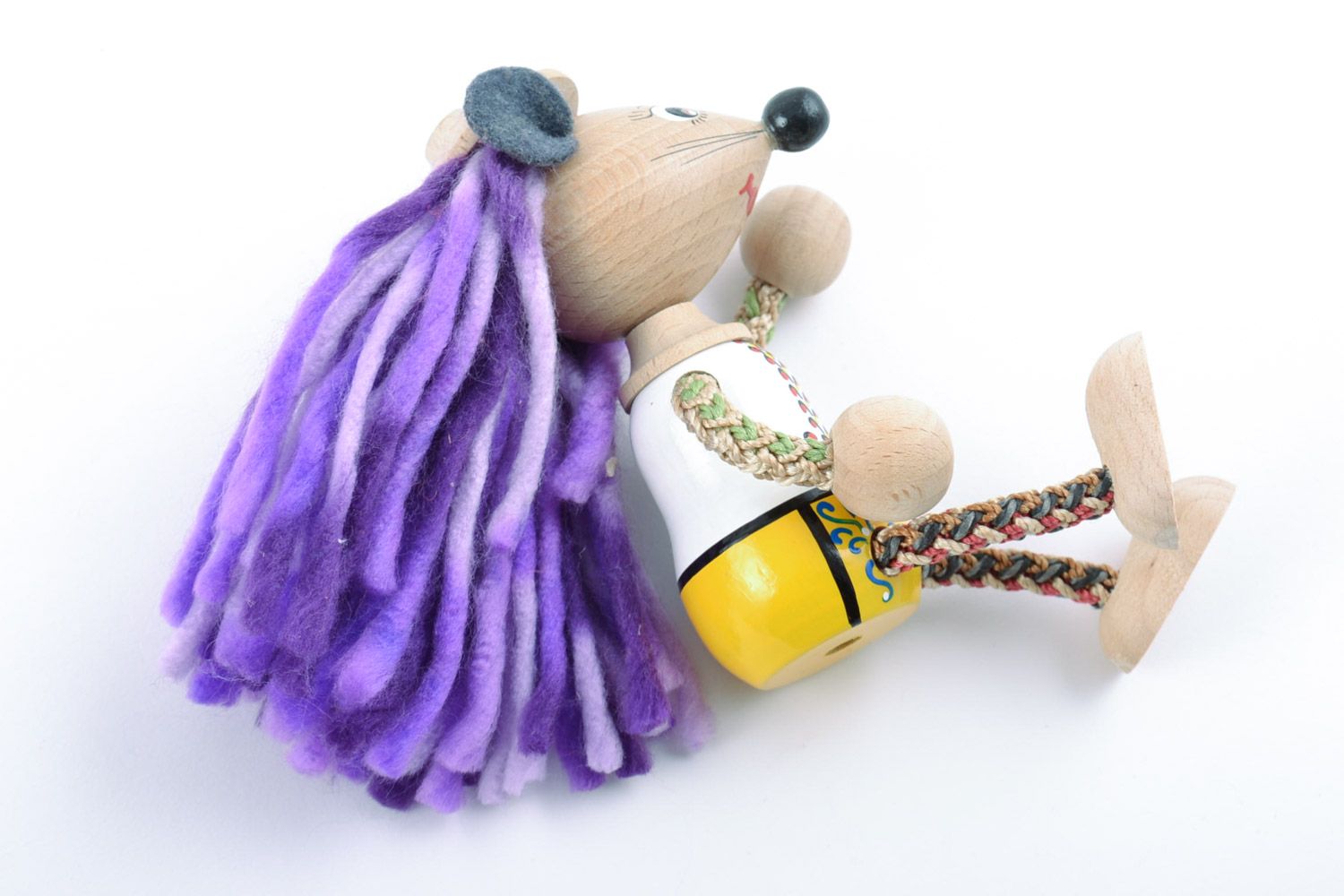 Handmade painted wooden eco toy mouse with violet hair for children and interior photo 5