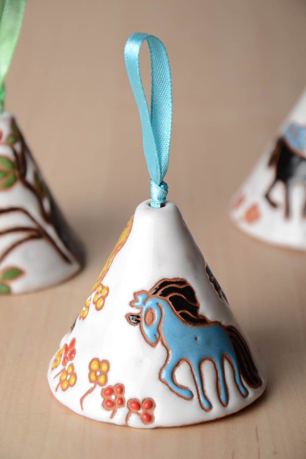 Nice handmade ceramic bell with horses on it  photo 1