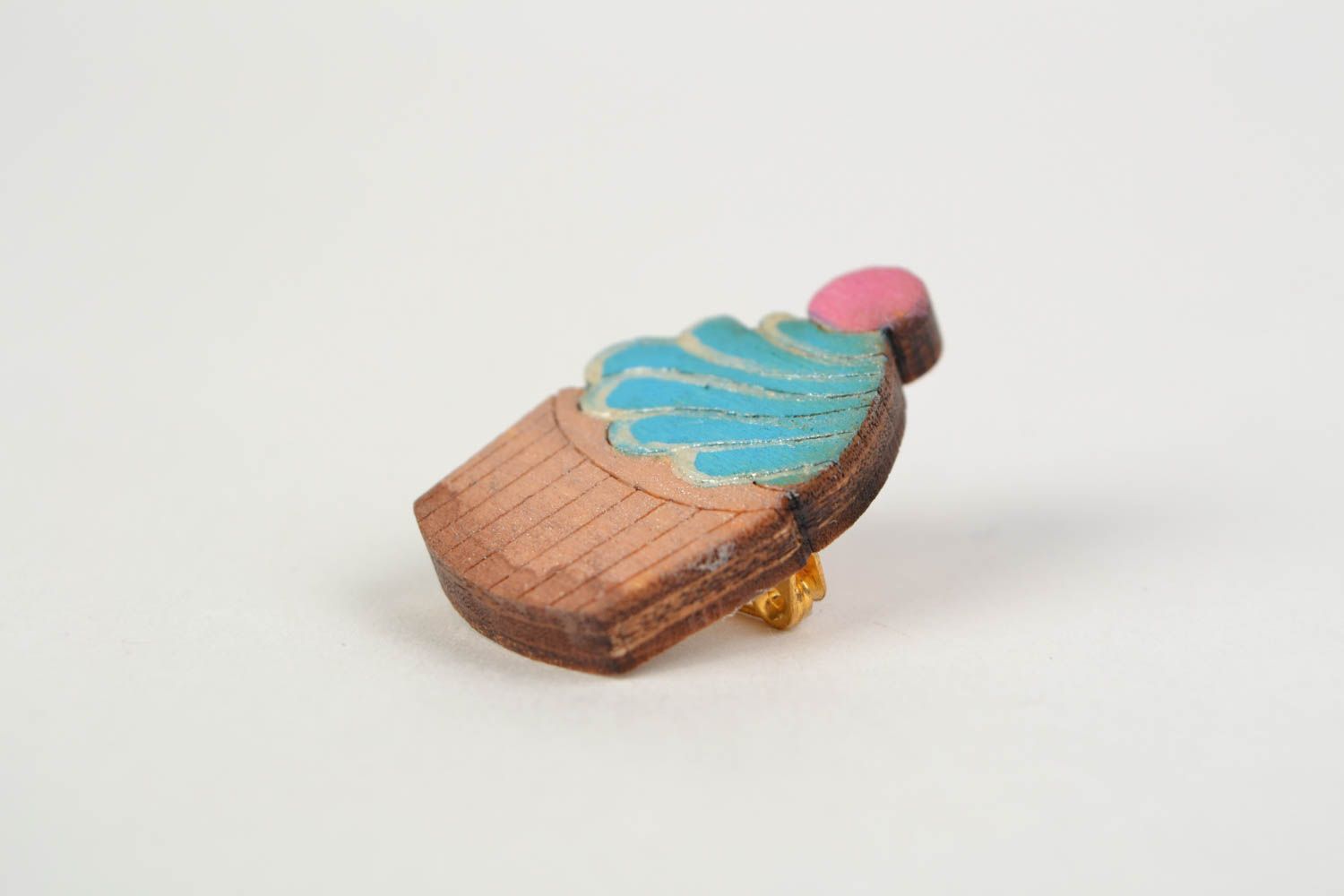 Handmade small wooden brooch painted with acrylics in the shape of cake for kids photo 3