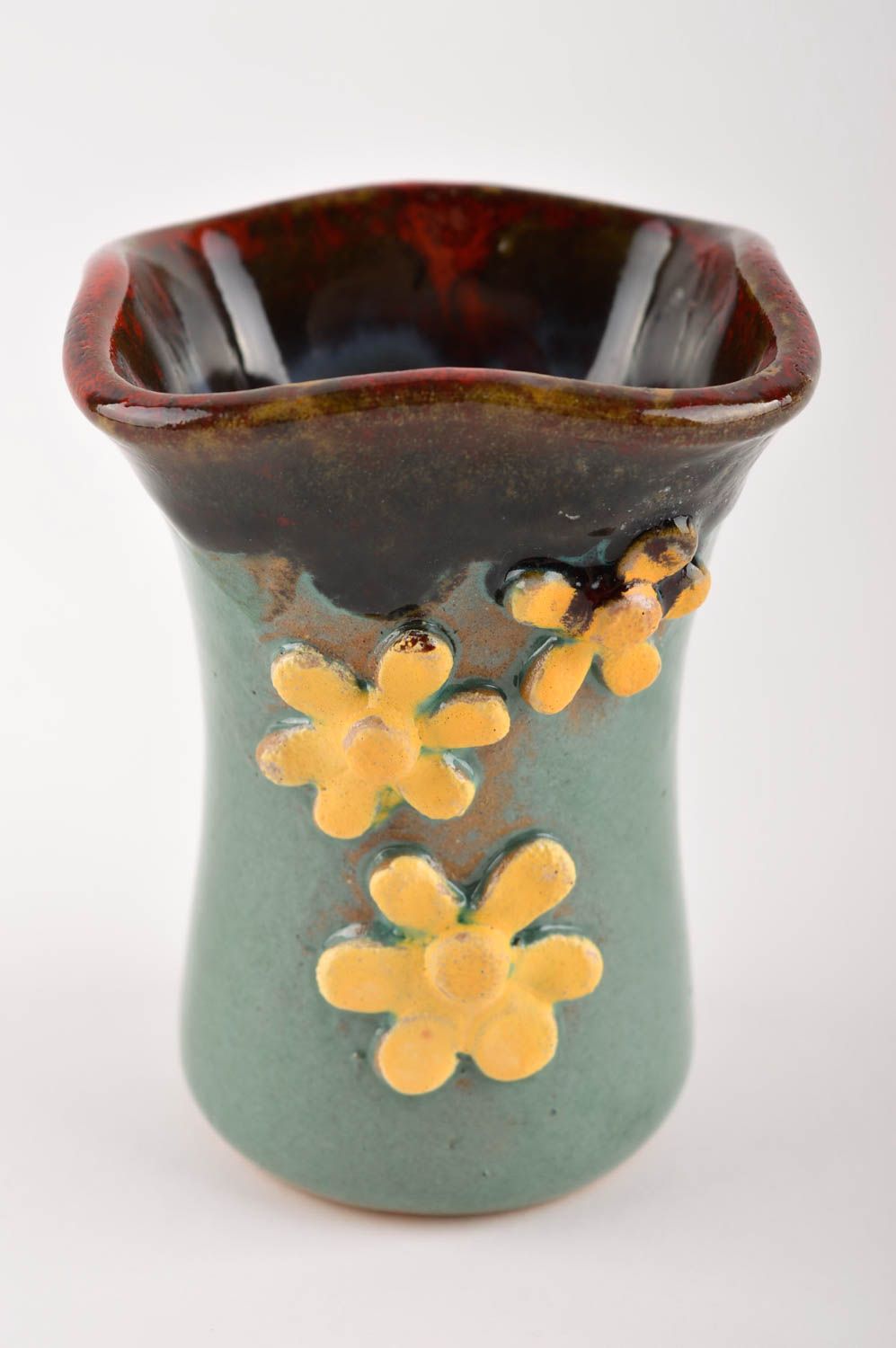 5 oz ceramic glazed handmade flower vase in green and brown color with yellow flowers photo 2