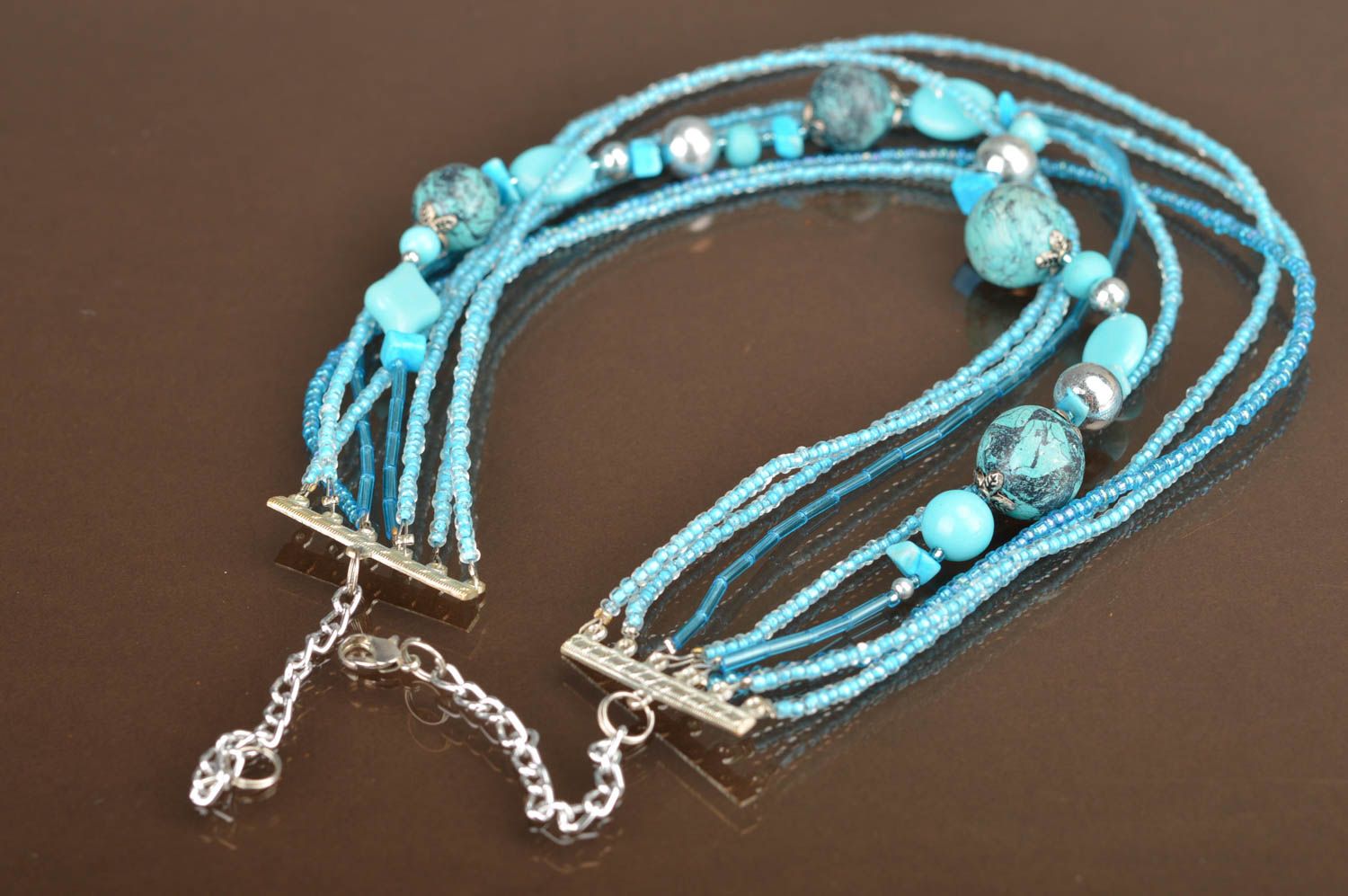 Long elegant multi-row necklace with blue beads handmade summer accessory photo 5