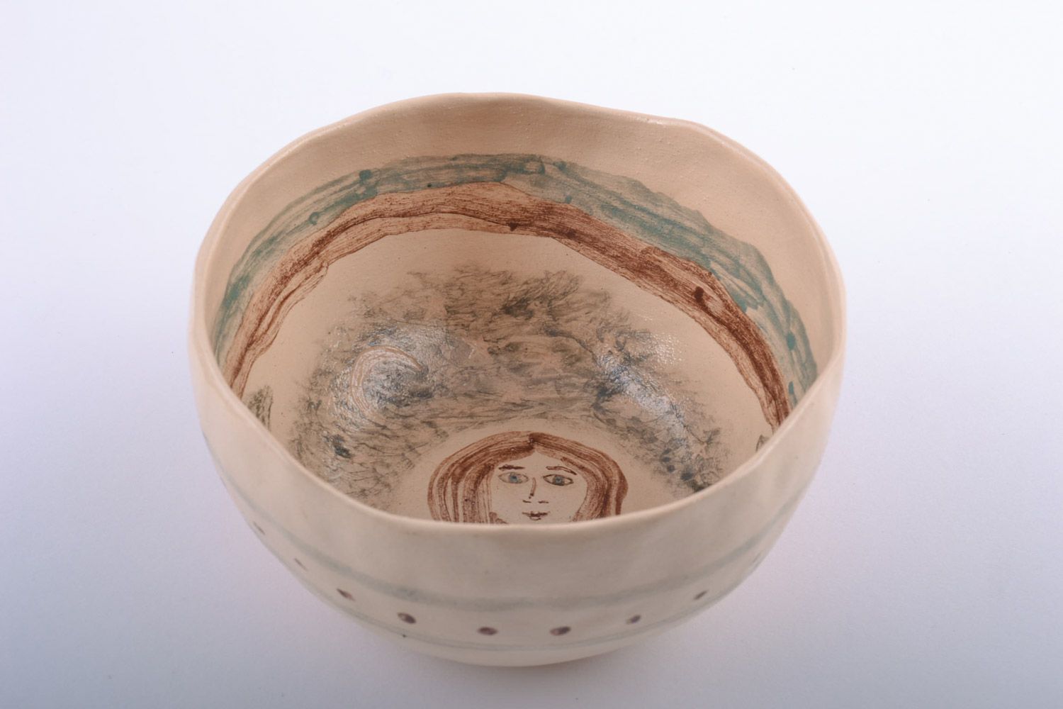 Unusual handmade white clay bowl painted with engobes 0.3 l photo 5