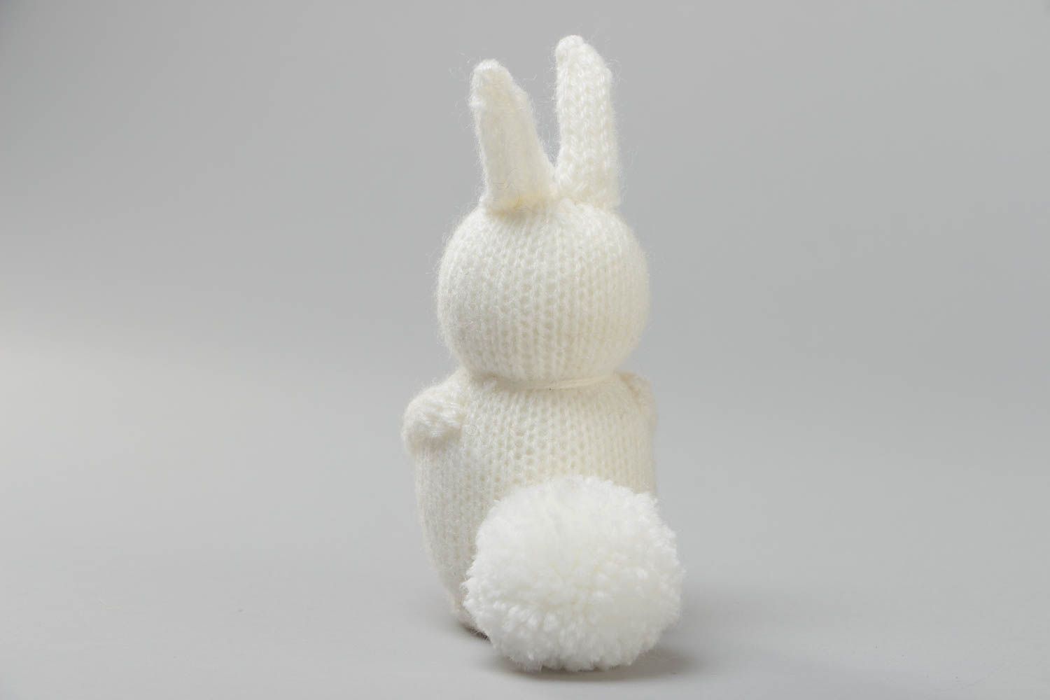 Handmade small soft toy knitted of acrylic threads white rabbit with red heart photo 4