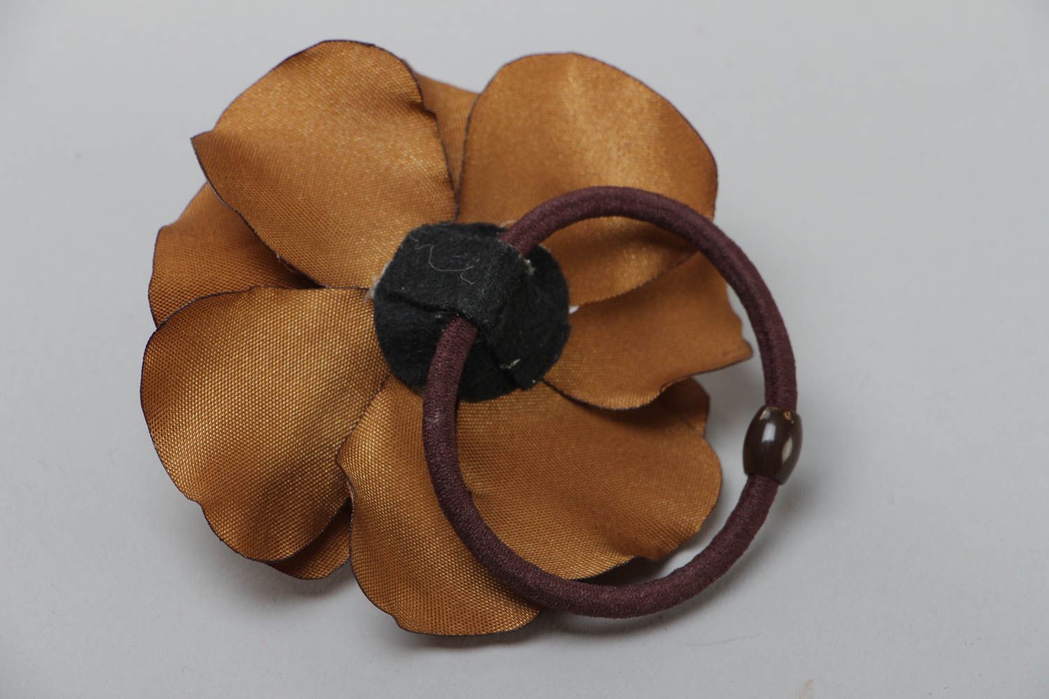 Handmade decorative hair band with volume satin ribbon rose flower of brown color photo 4