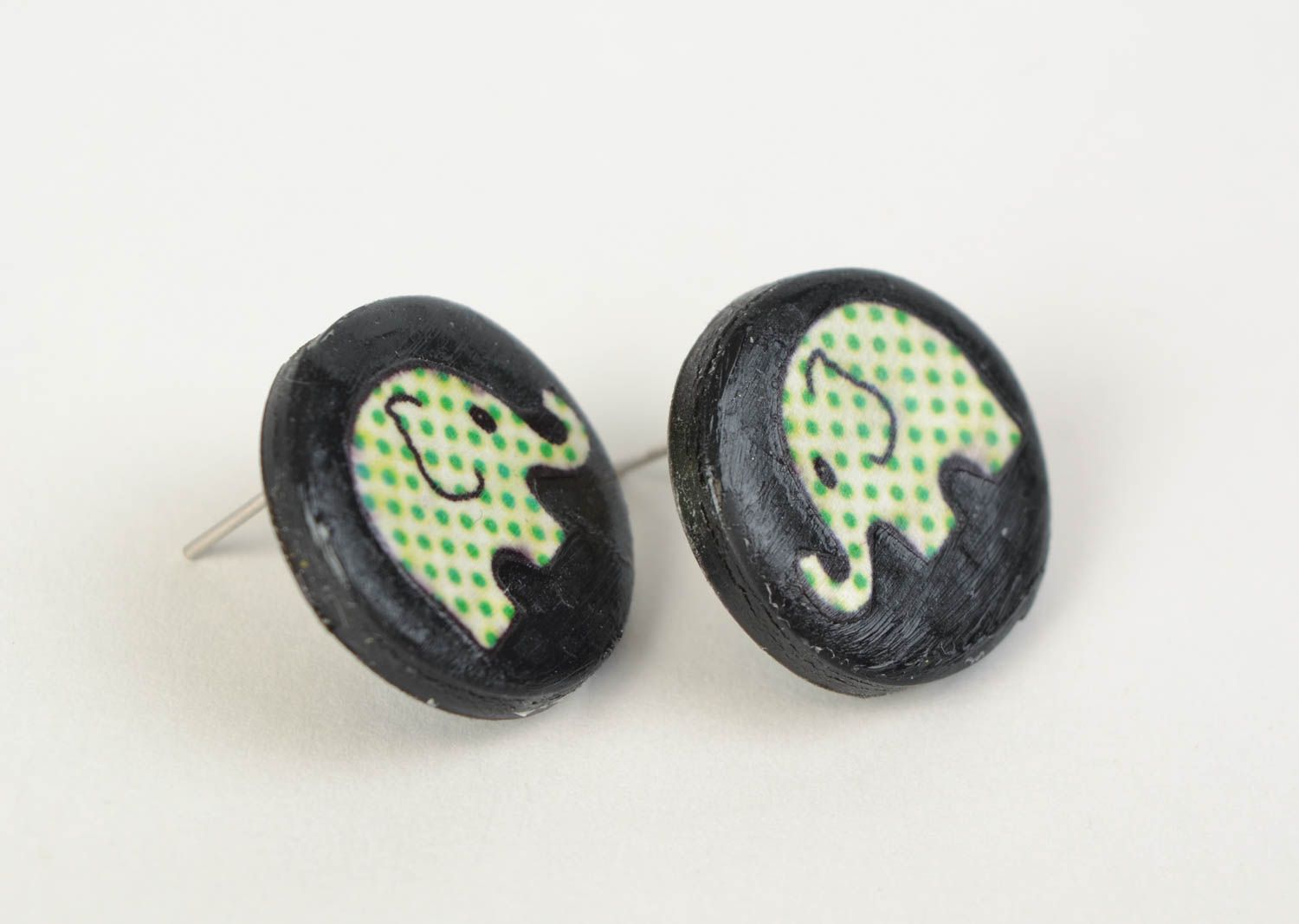 Handmade stud earrings made of polymer clay round shape with decoupage photo 3