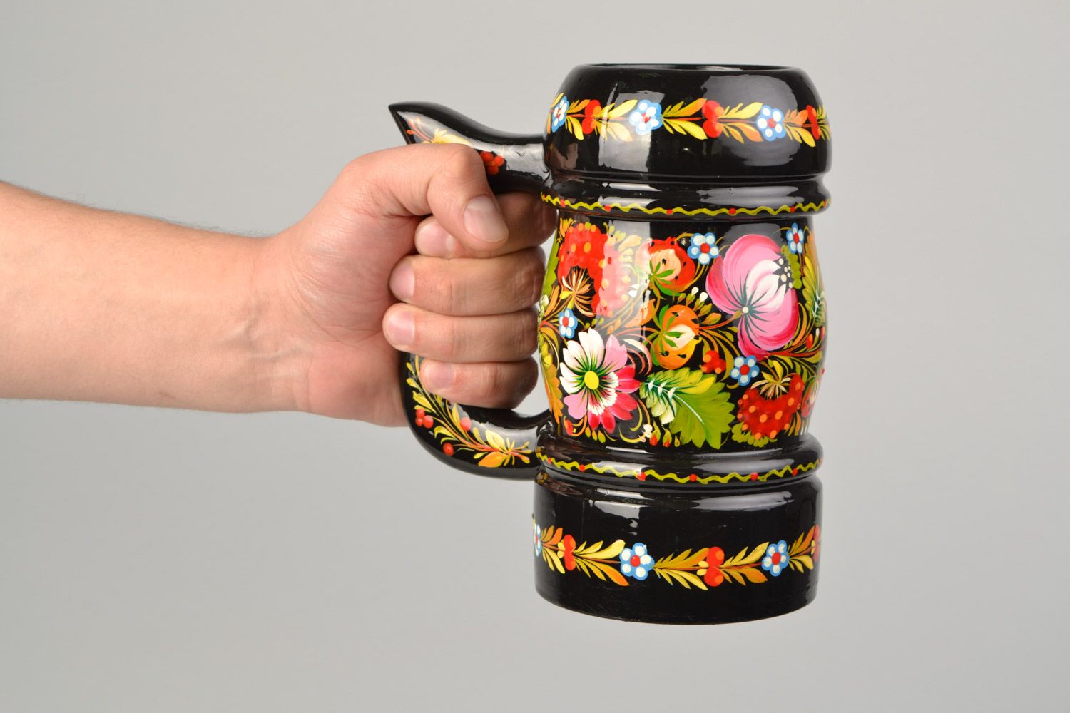 Handmade black wooden beer mug with glass inside and Petrikov painting photo 2