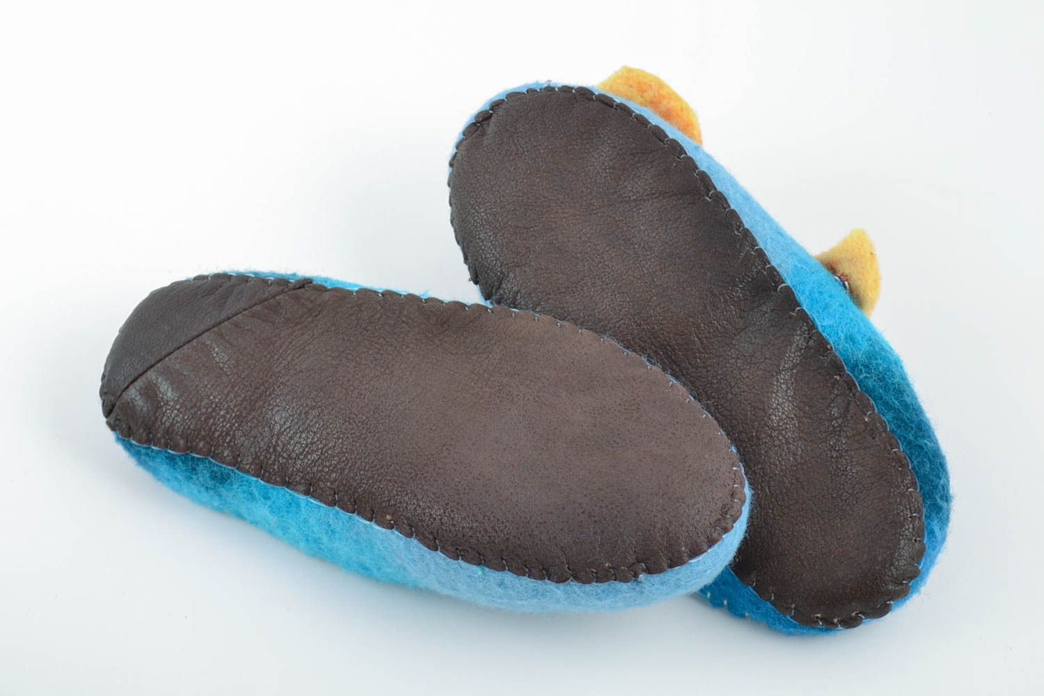 Blue handmade designer felted wool slippers with volume toy fish photo 5