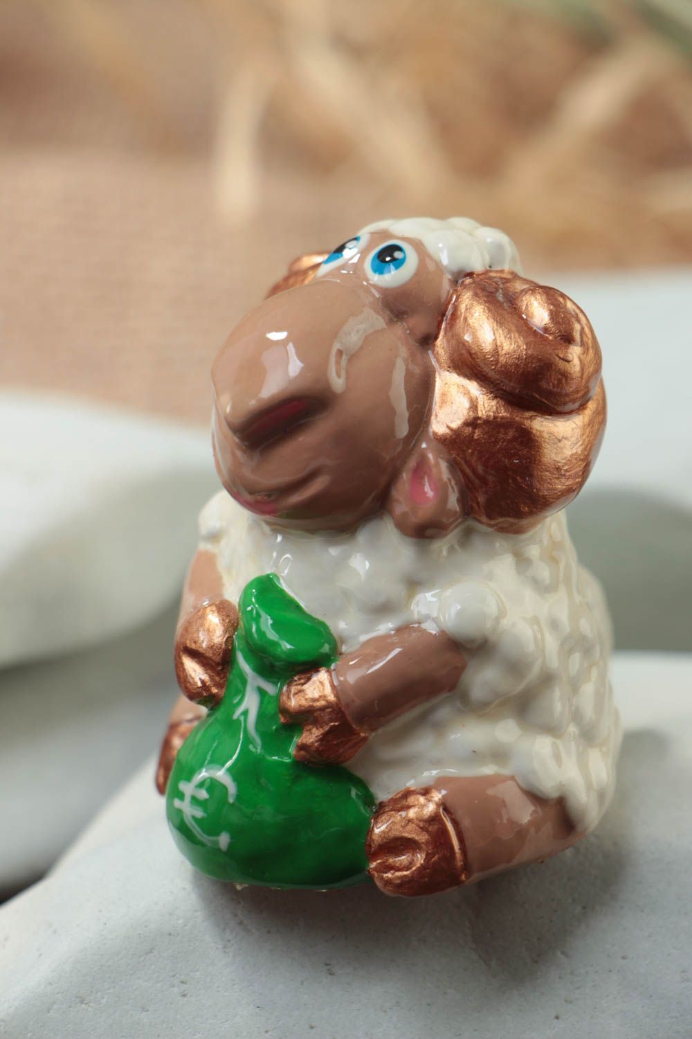 Unusual small handmade collectible plaster statuette with painting Lamb photo 1