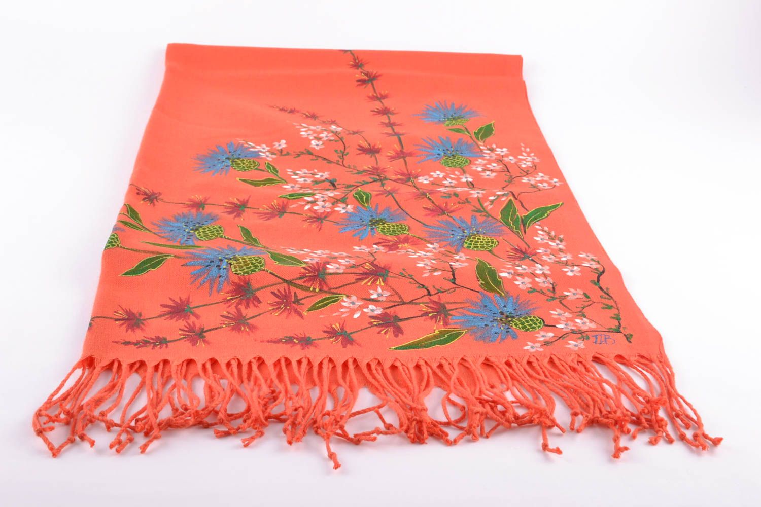 Bright cashmere scarf with flowers handmade painting photo 2