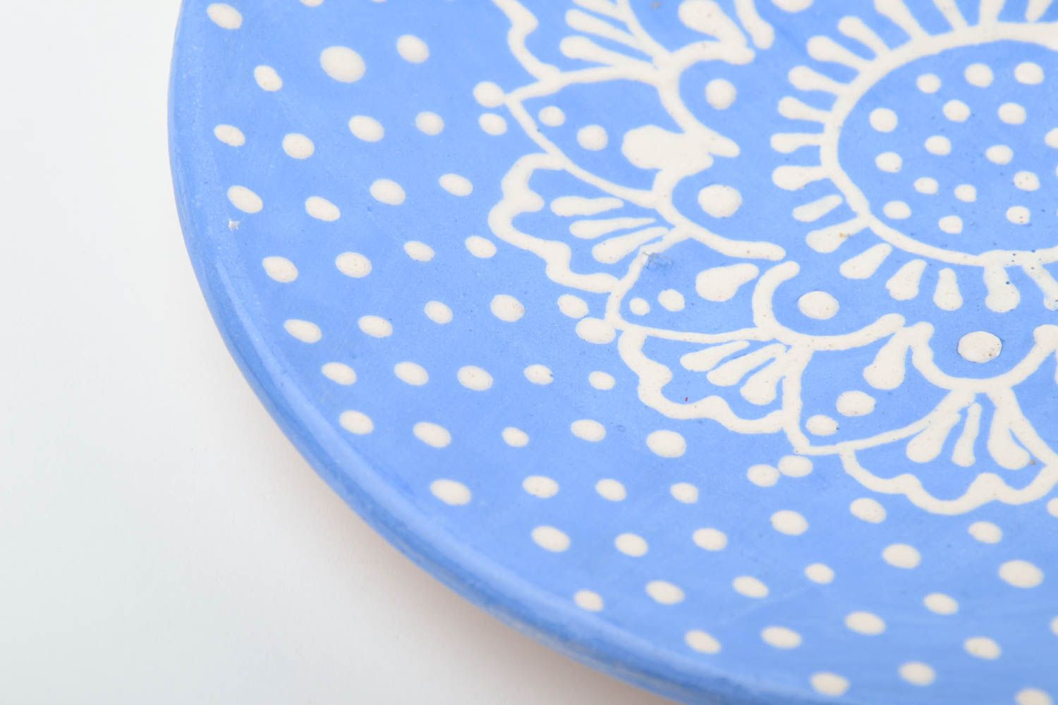 Handmade decorative blue polka dot glazed ceramic saucer with white ornaments  photo 3