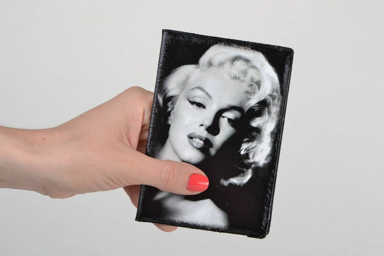 Handmade stylish faux leather passport cover with decoupage black and white photo 2