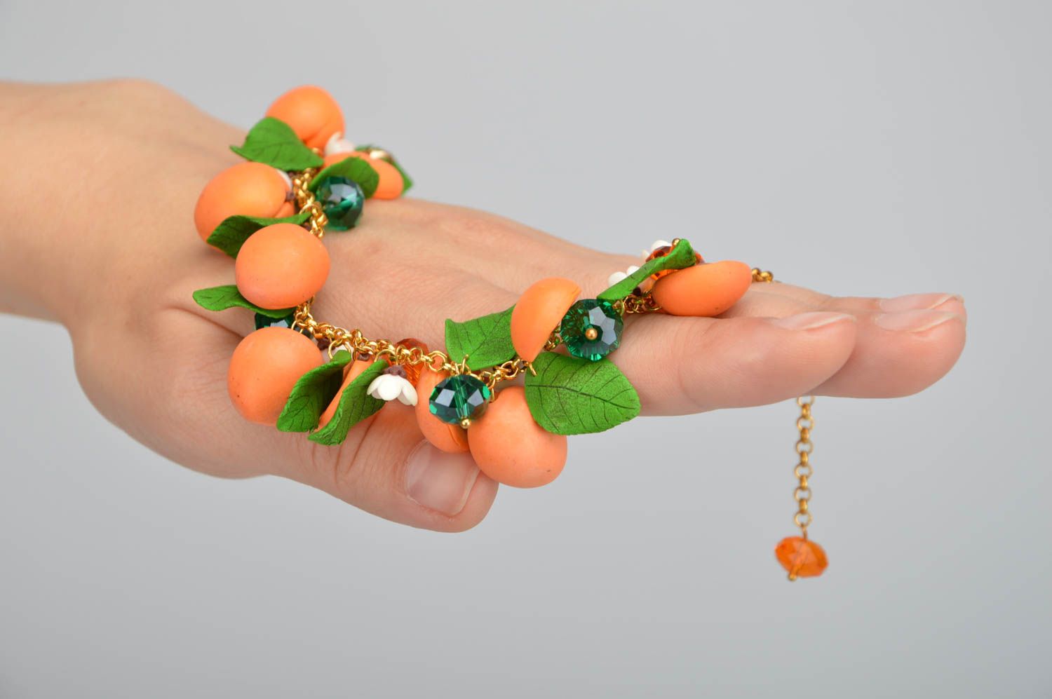 Apricot beads' bracelet with green leaves. Great gift for a woman photo 5